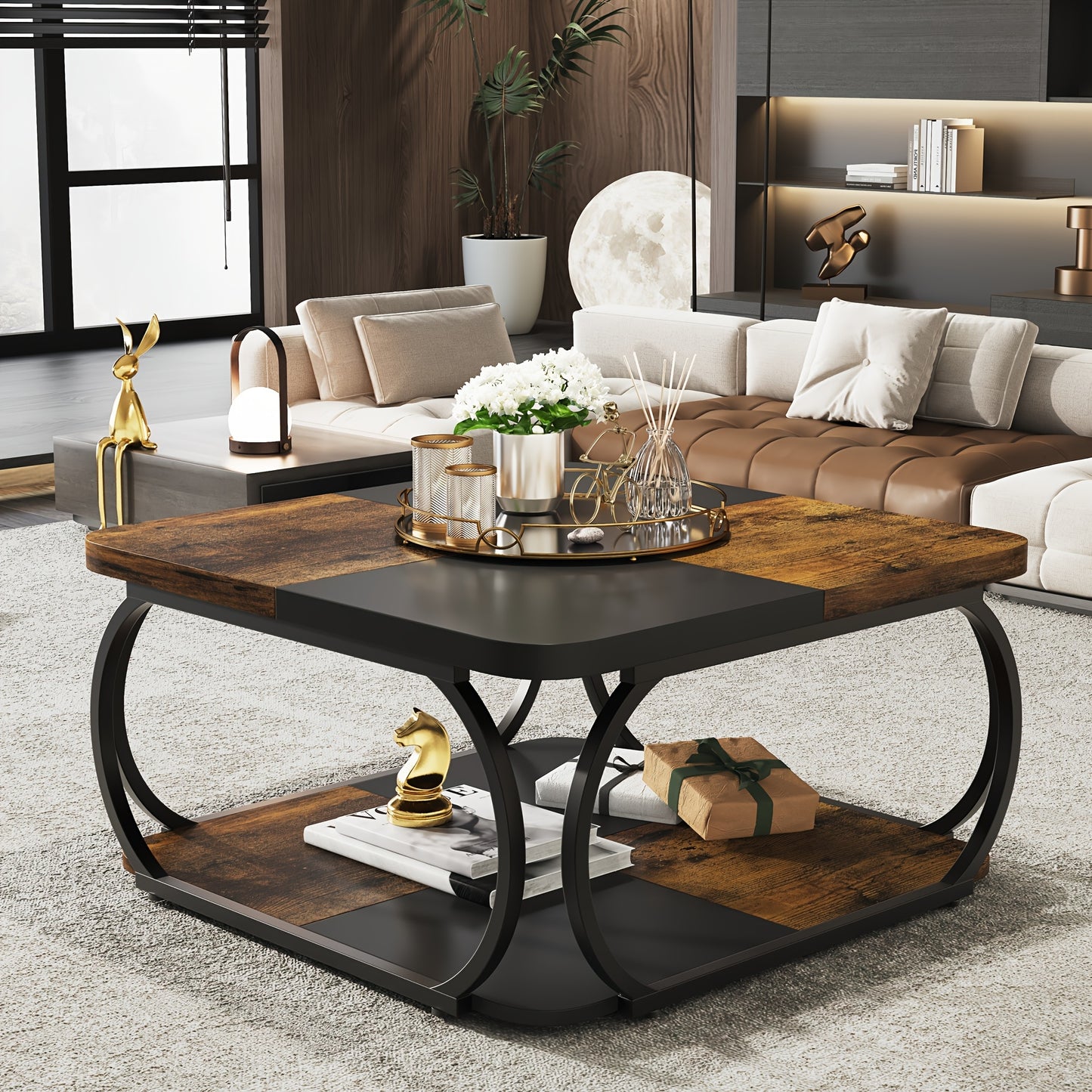 Nutshell 2 tier square coffee table with wood and black metal frame in modern living room
