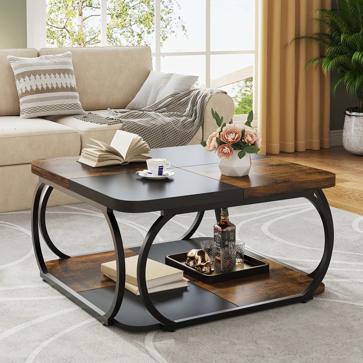 Nutshell 2 tier square coffee table with wood and black metal design in modern living room