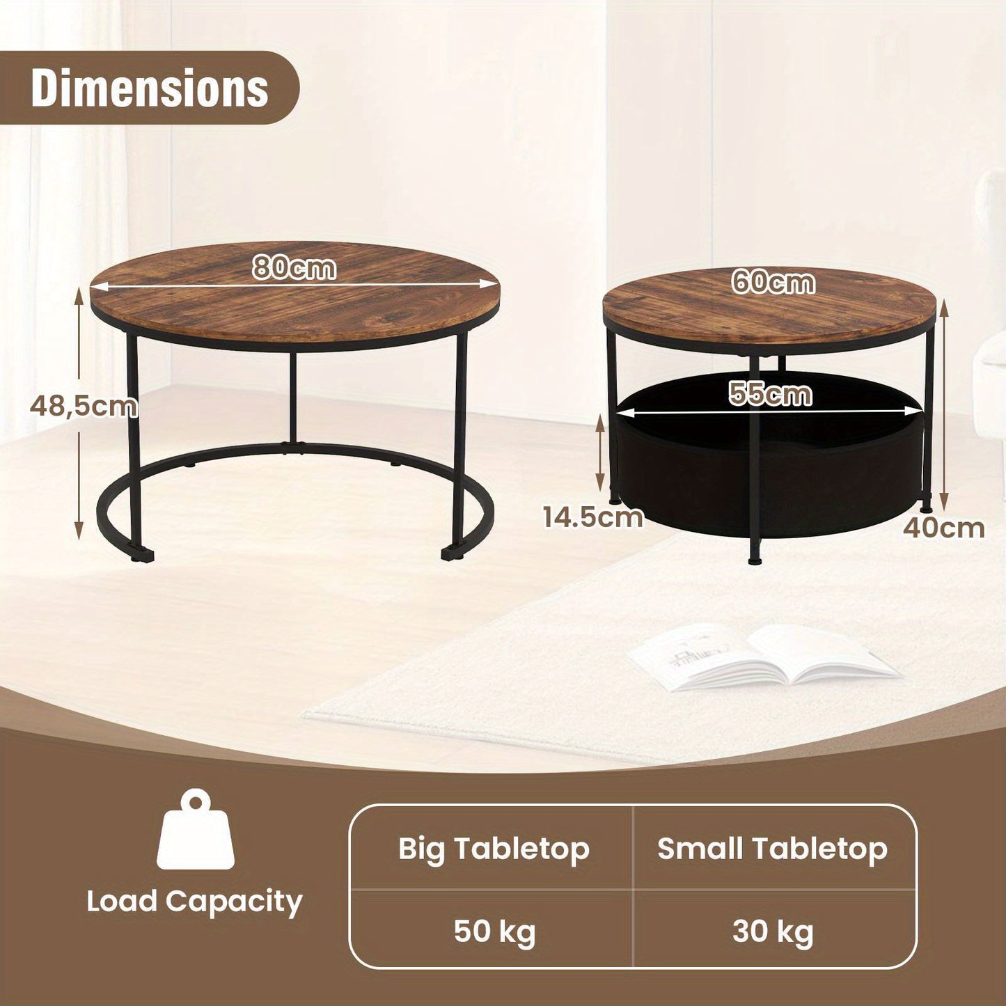 2 in 1 round Nesting Coffee Table Set with different sizes and modern design for versatile living spaces