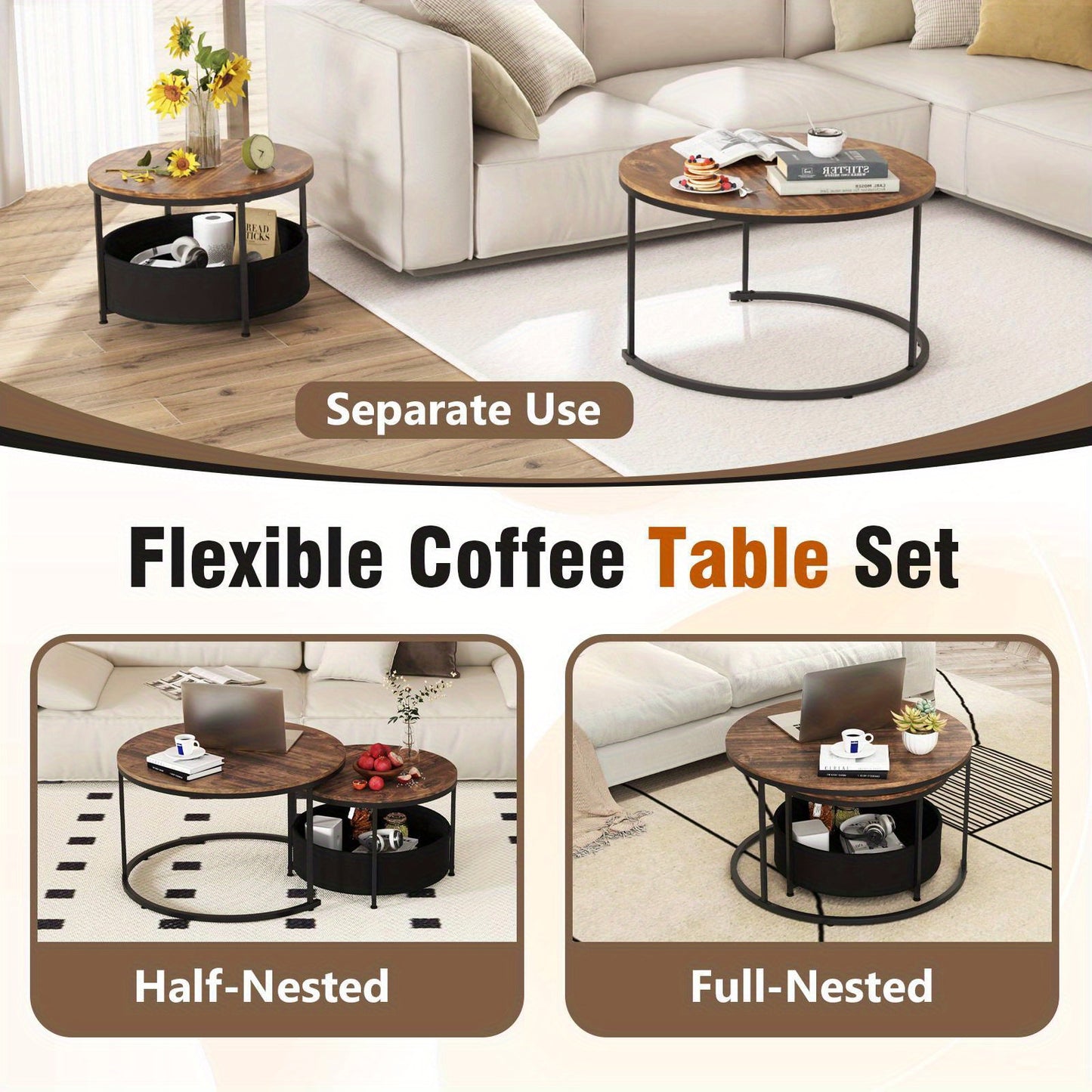 Nutshell 2 in 1 round Nesting Coffee Table Set featuring flexible design for separate and nested use