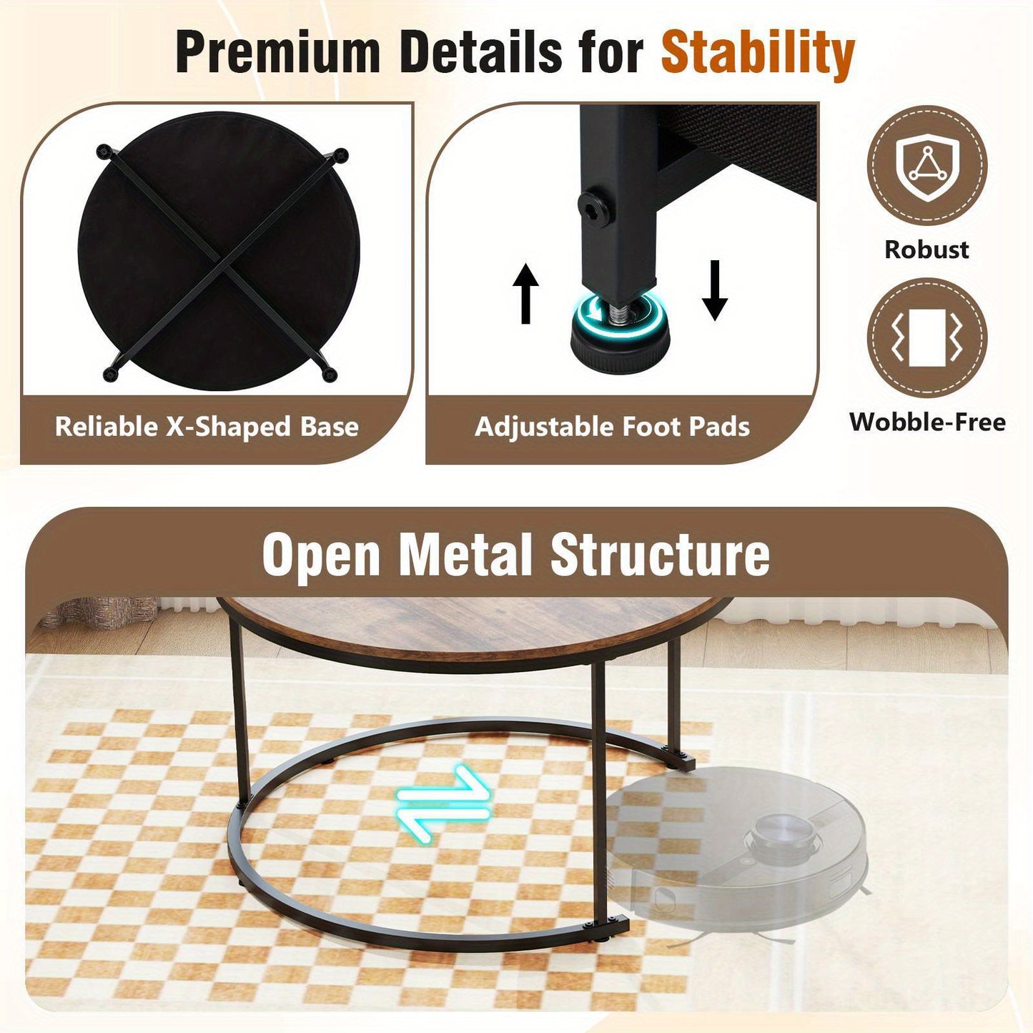 2 in 1 round Nesting Coffee Table Set with a sturdy X-shaped base and adjustable foot pads for stability