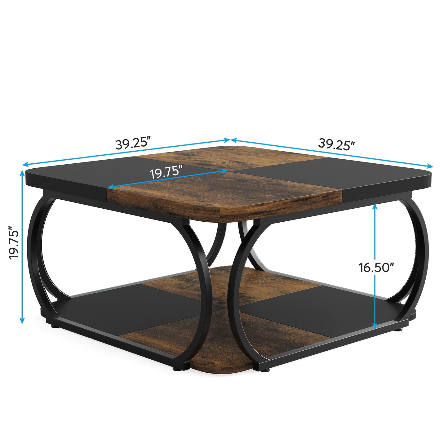 Nutshell 2 Tier square coffee table with black metal frame and wood finish shelves