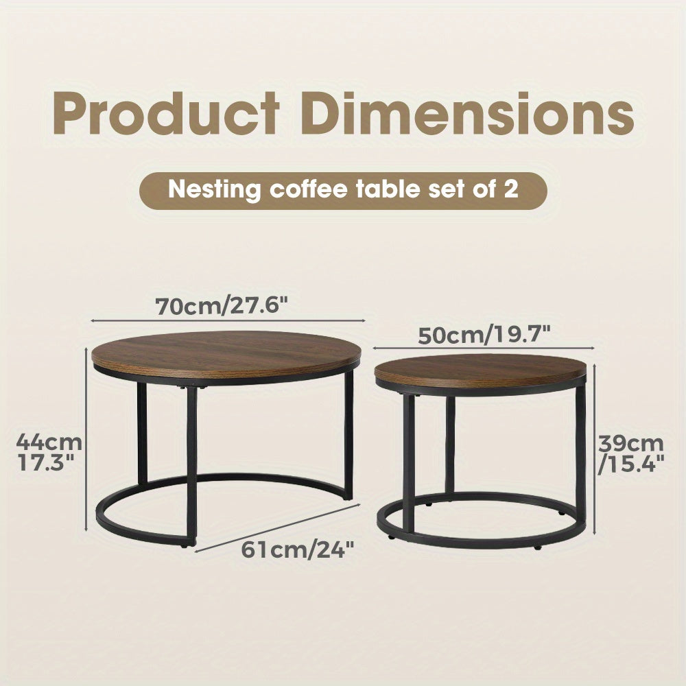 2pcs Round Nesting Coffee Table Set by Nutshell with wooden tops and black metal frames showing dimensions