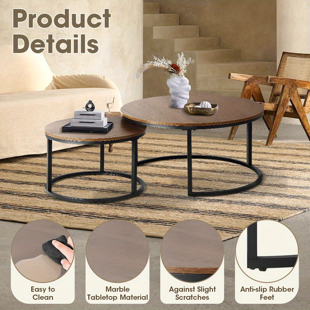 Nutshell 2pcs Round Nesting Coffee Table Set with marble tabletop and metal frame in a modern living room