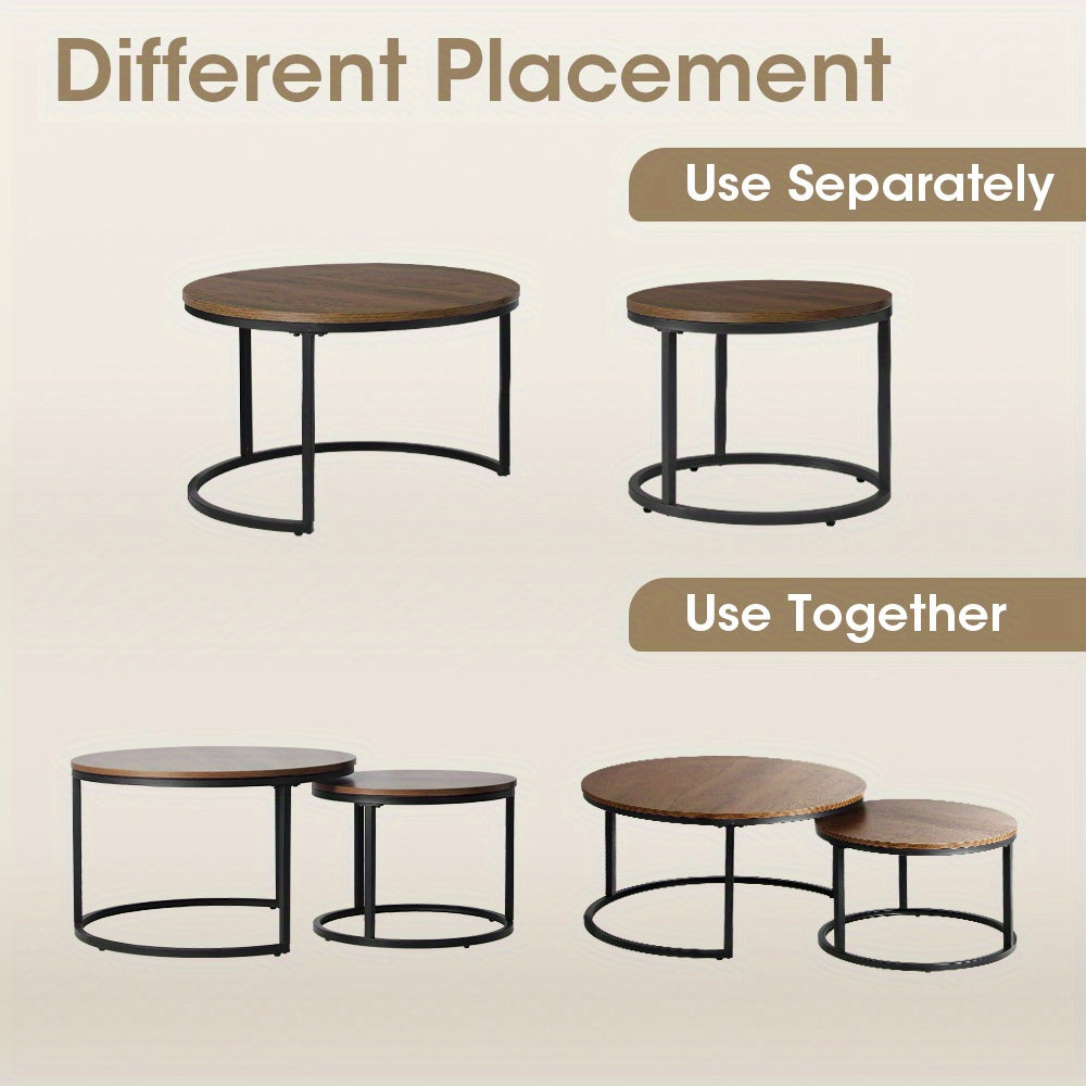 Nutshell 2pcs Round Nesting Coffee Table Set with wooden tops and black metal frames shown separately and together