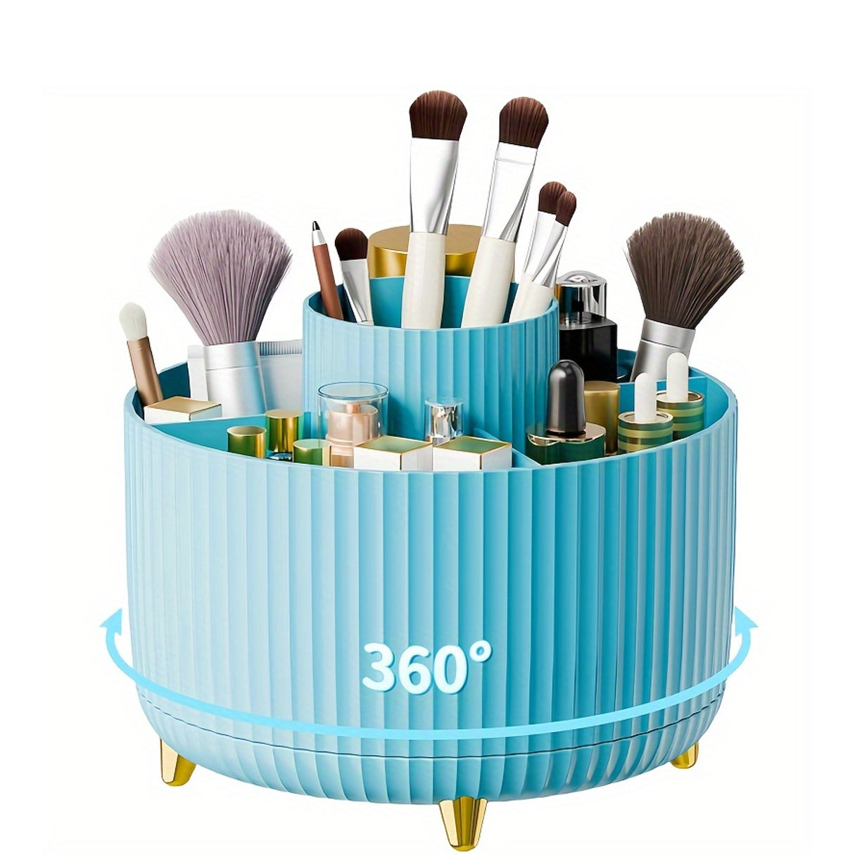 Nutshell 360 degree rotating makeup organizer in blue with compartments for brushes and cosmetics