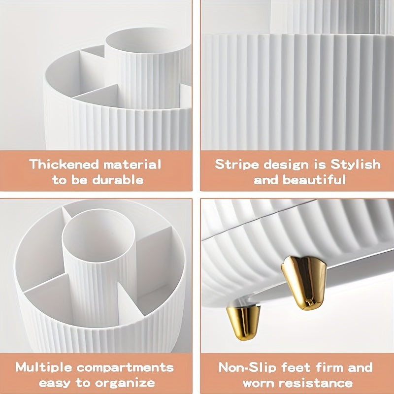 Nutshell 360 degree rotating makeup organizer with multiple compartments and stylish stripe design