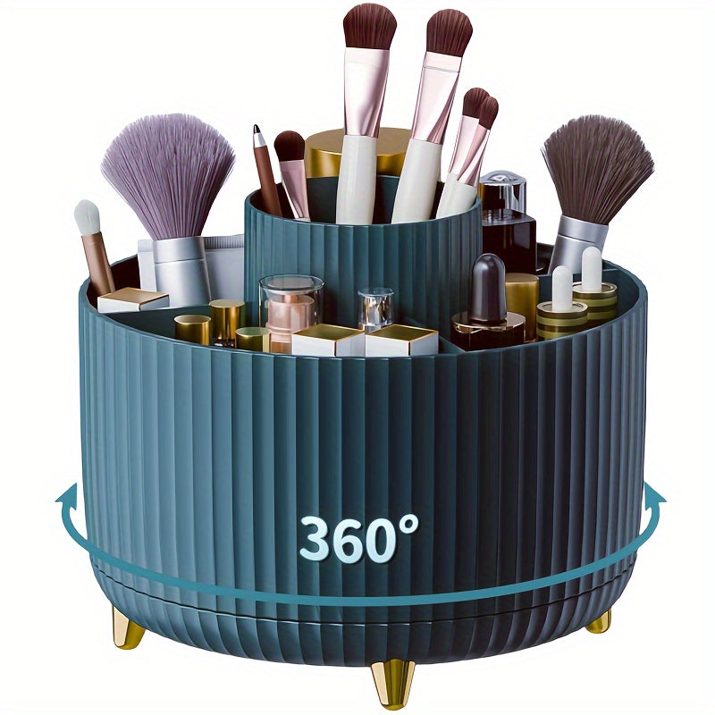Nutshell 360 degree rotating makeup organizer with multiple compartments for efficient storage of cosmetics