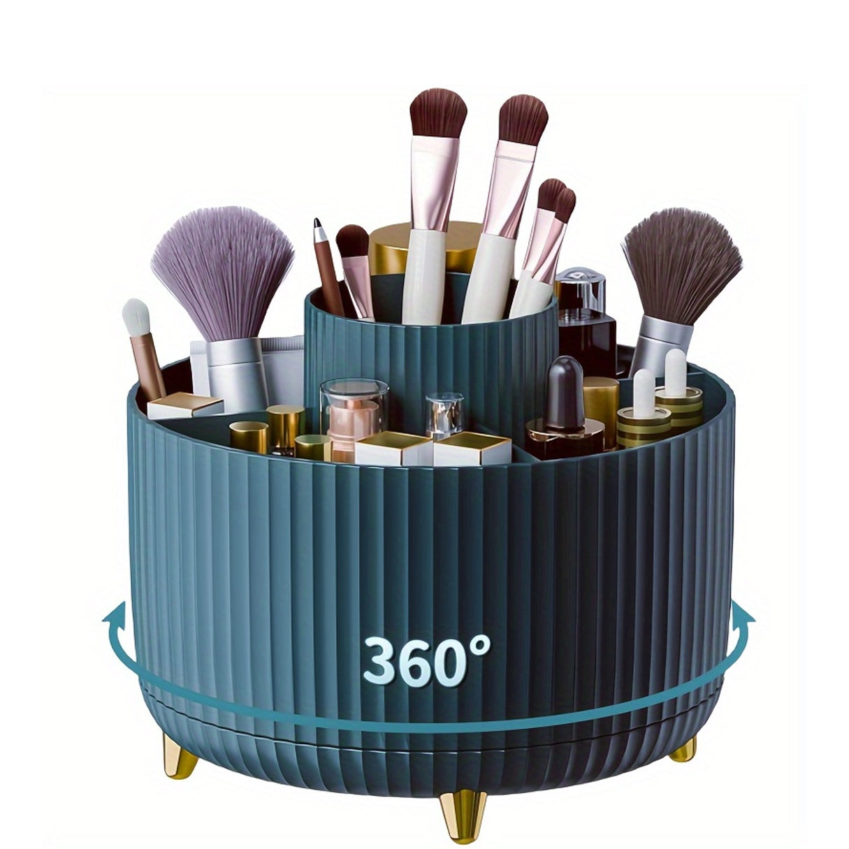 Nutshell 360 degree rotating makeup organizer in teal color with multiple compartments for cosmetics and brushes