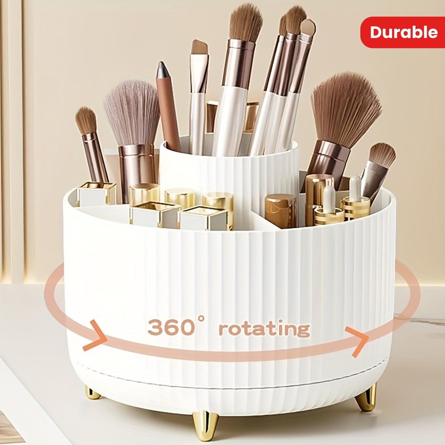 Nutshell 360 degree rotating makeup organizer in white with brush and lipstick storage