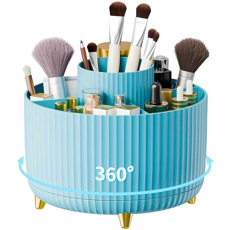 Nutshell 360 degree rotating makeup organizer in blue with multiple compartments for beauty tools and cosmetics