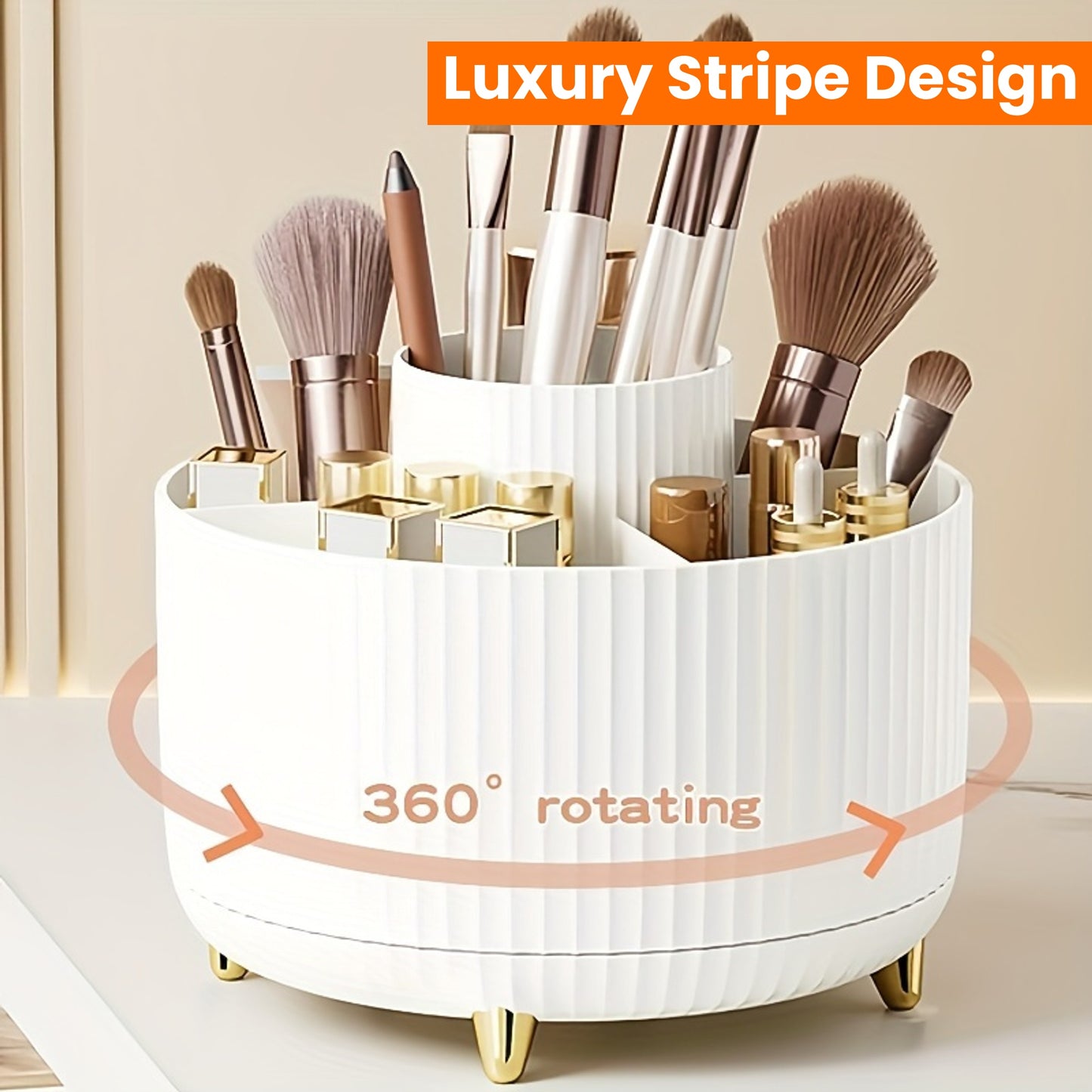 Nutshell 360 degree rotating makeup organizer in white with luxury stripe design for easy access to beauty tools