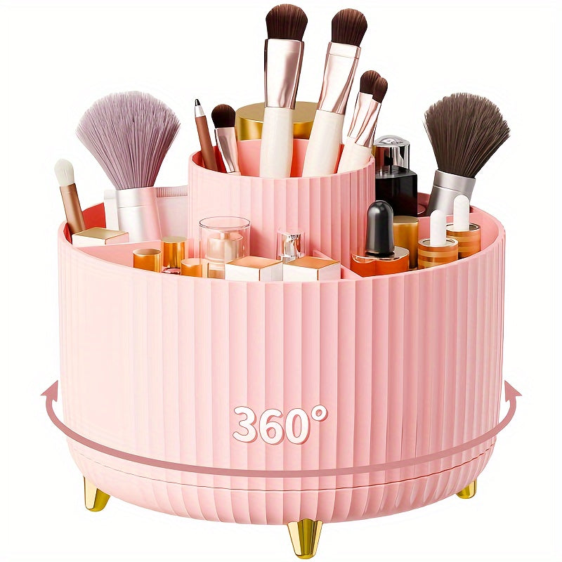 Nutshell 360 degree rotating makeup organizer in pink with multiple compartments for brushes and cosmetics