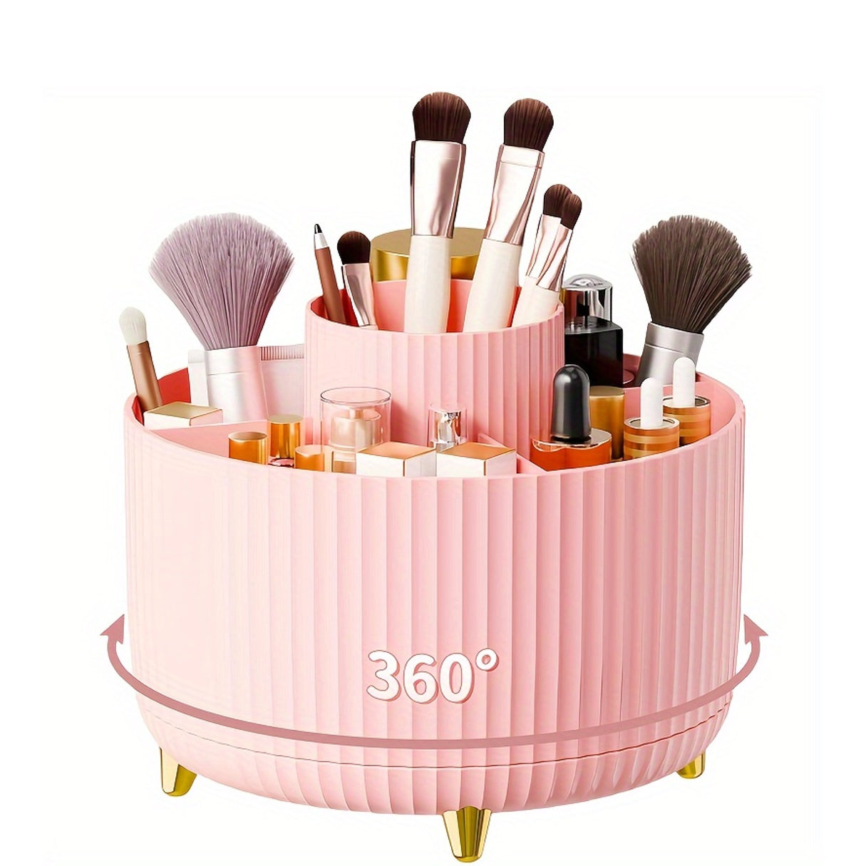 Nutshell 360 degree rotating makeup organizer in pink with multiple slots for brushes and cosmetics