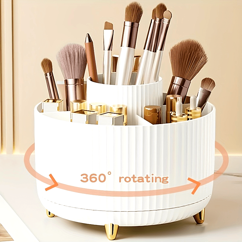 Nutshell 360 degree rotating makeup organizer featuring compartments for brushes and cosmetics