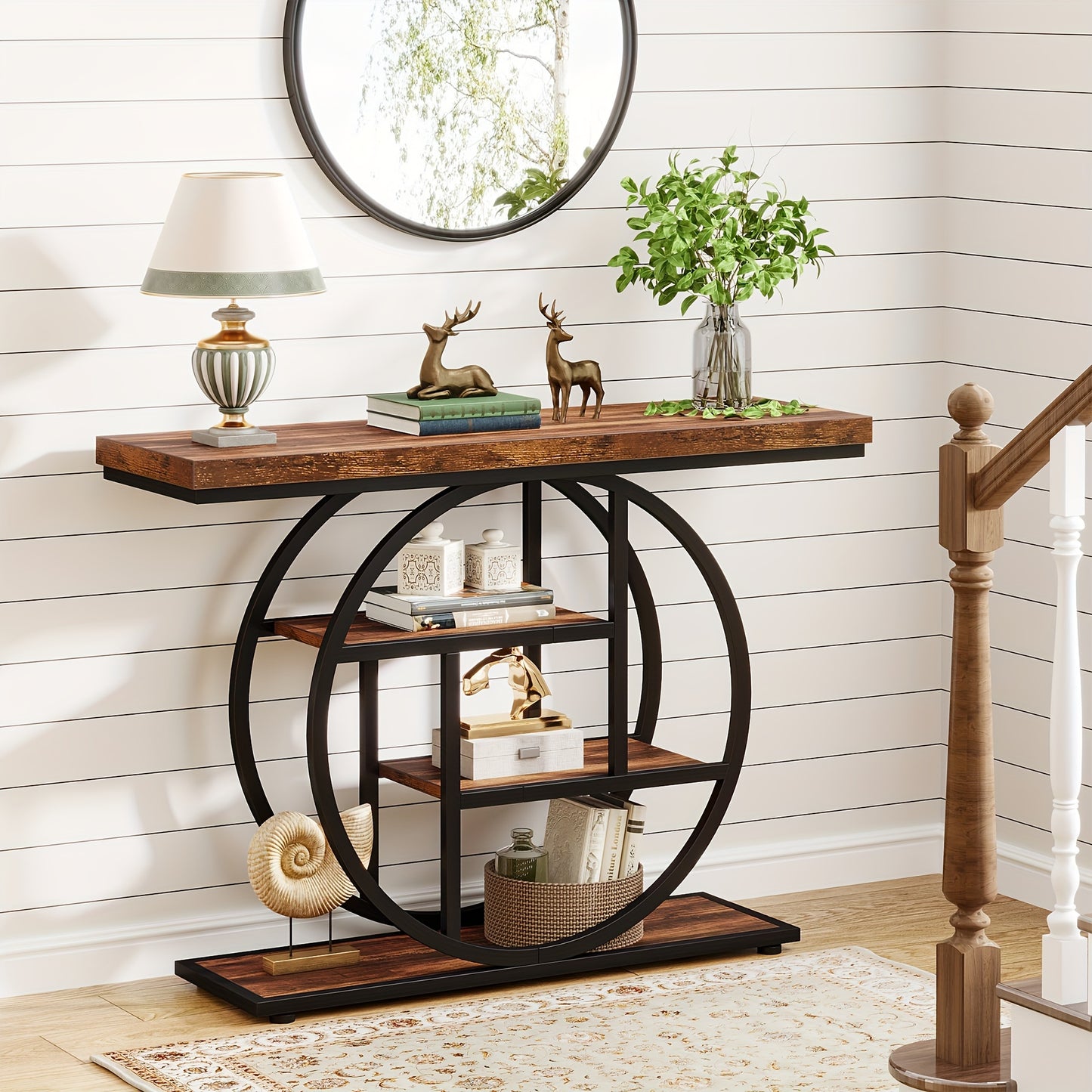 Nutshell 4-Tier Sofa Table Entryway Table with black metal circular frame and wooden shelves styled with decor
