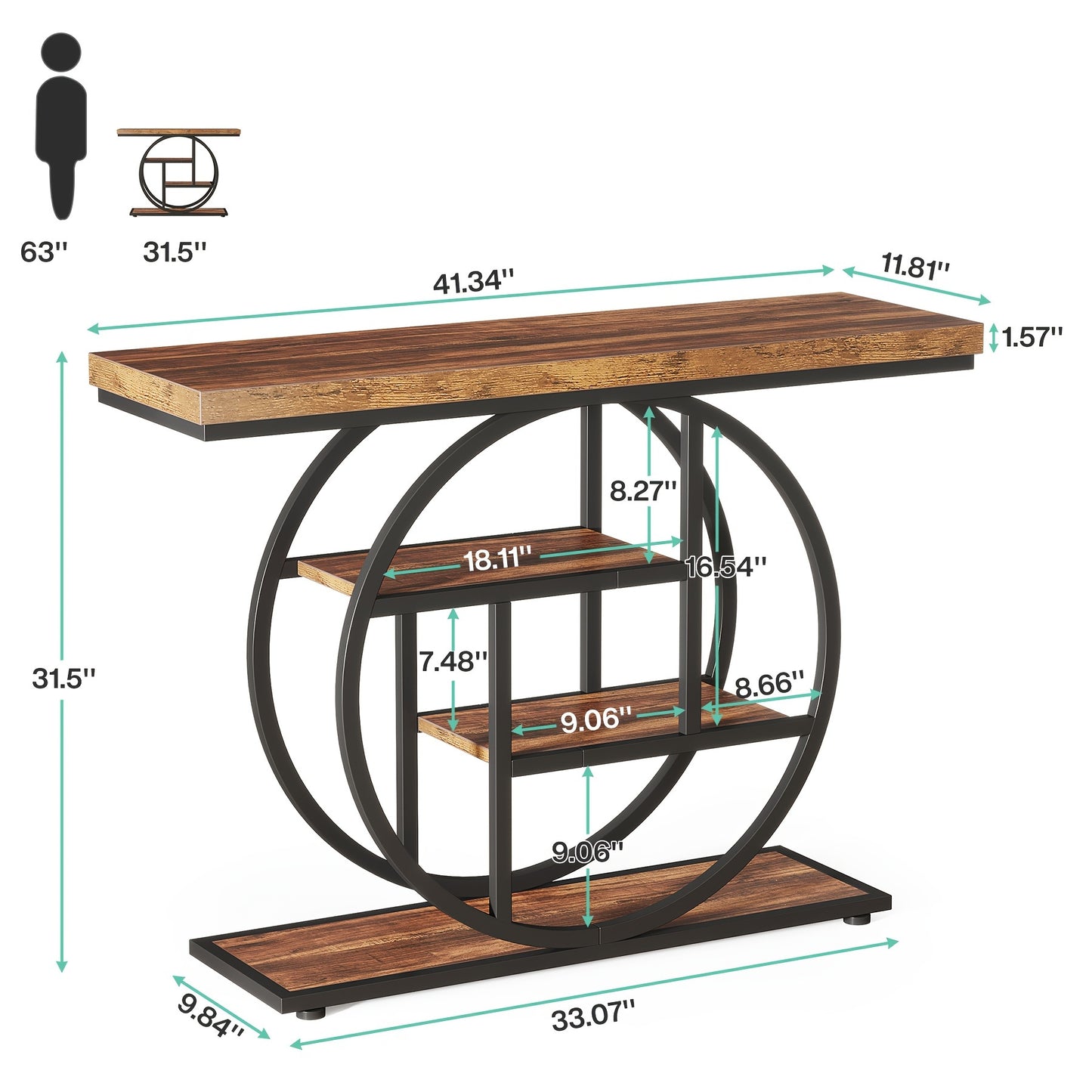 Nutshell 4-Tier Sofa Table Entryway Table with circular metal frame and wooden shelves in brown and black finish