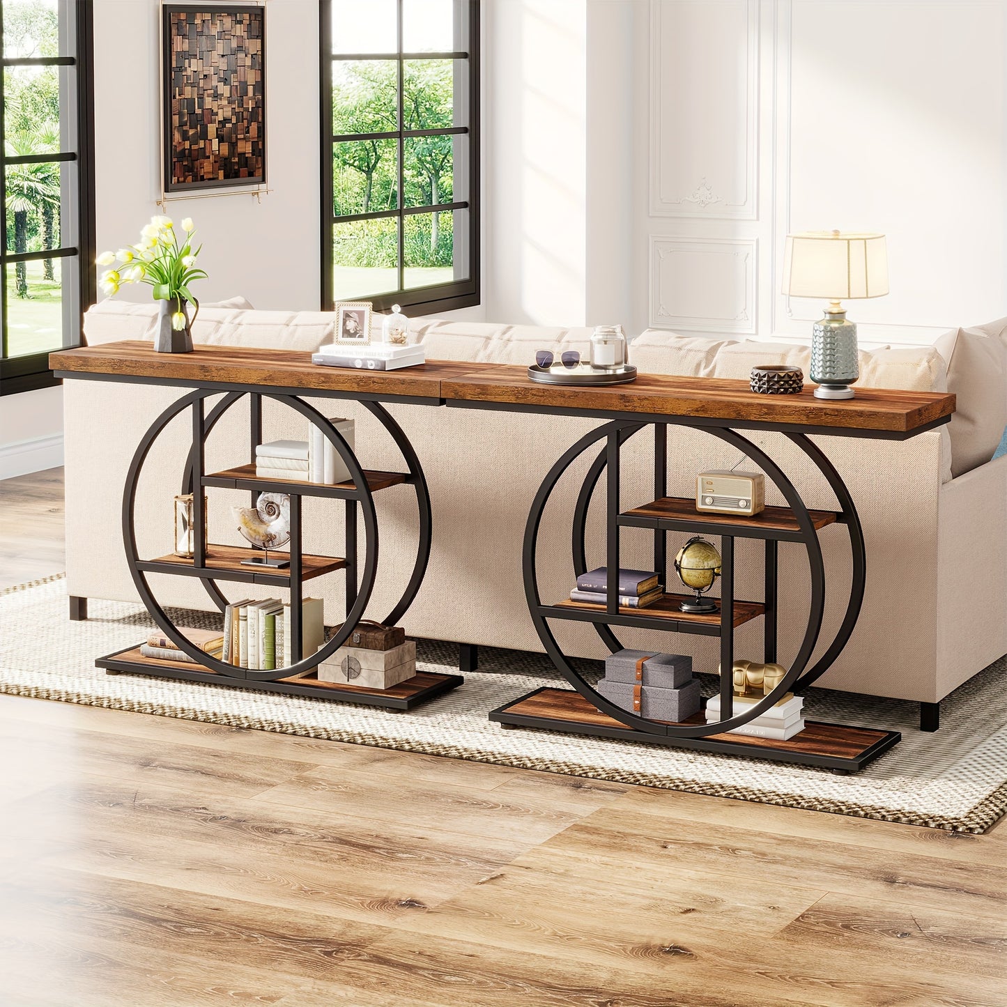 Nutshell 4-Tier Sofa Table Entryway Table with circular metal frame and wooden shelves behind beige sofa