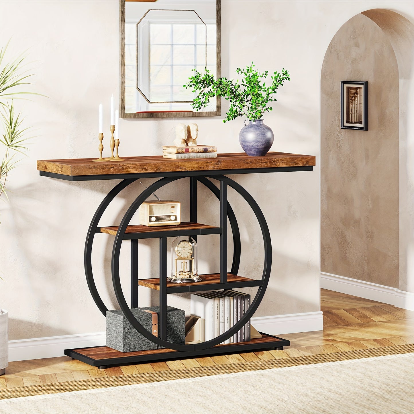 Nutshell 4-Tier Sofa Table Entryway Table with circular metal frame and wooden shelves in modern living room
