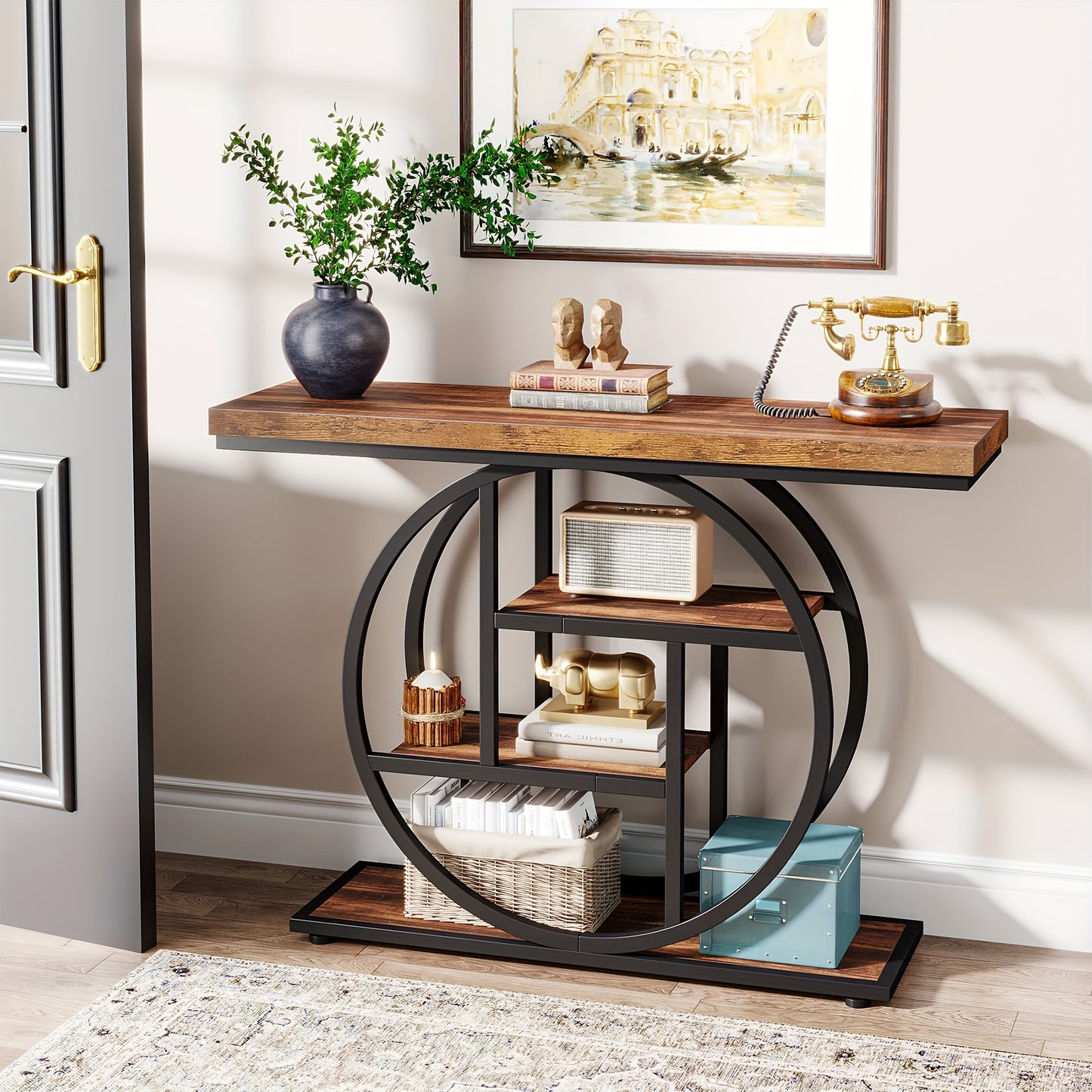 Nutshell 4-Tier Sofa Table Entryway Table with wooden shelves and black metal circular frame