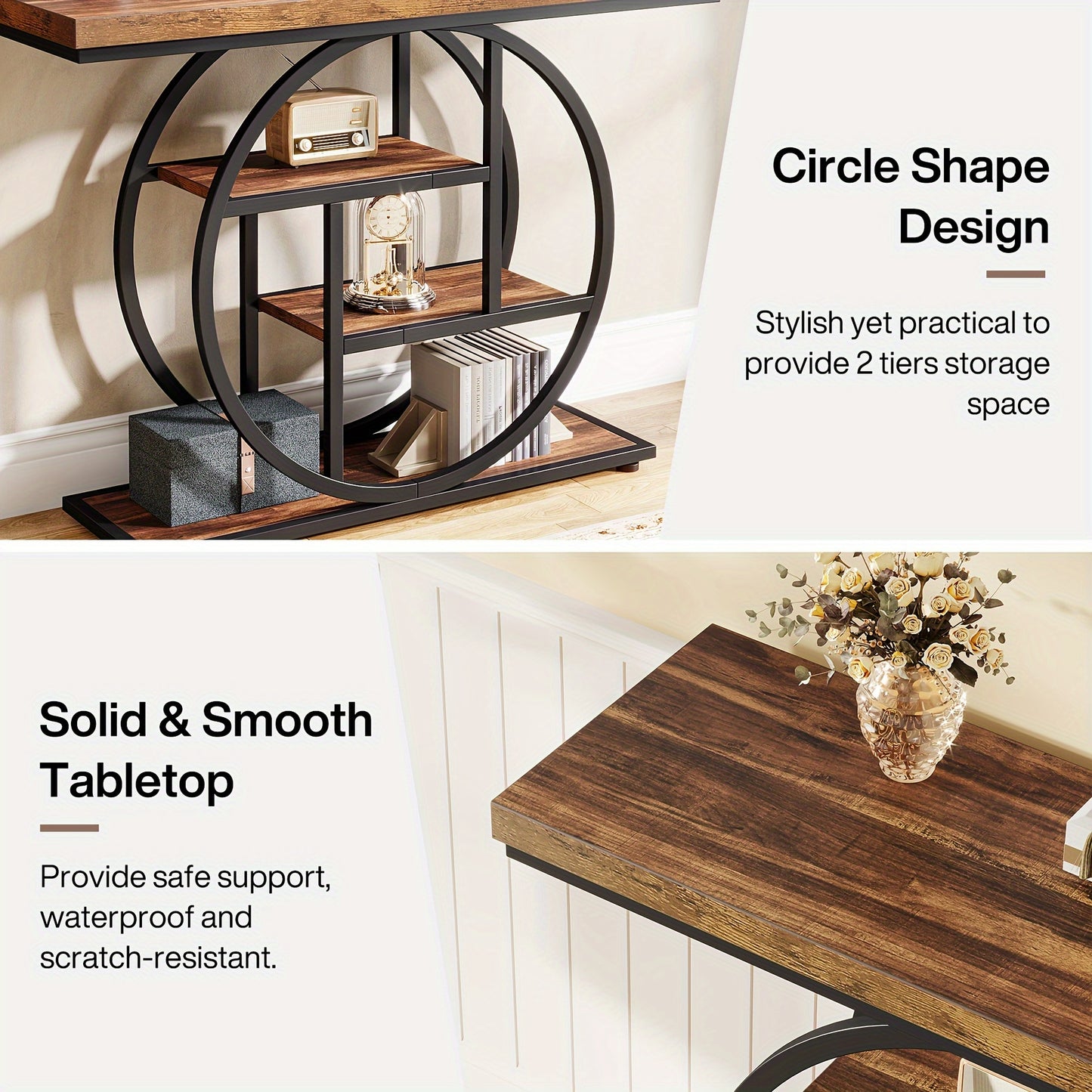Nutshell 4-Tier Sofa Table Entryway Table with circle shape design and solid smooth wooden tabletop