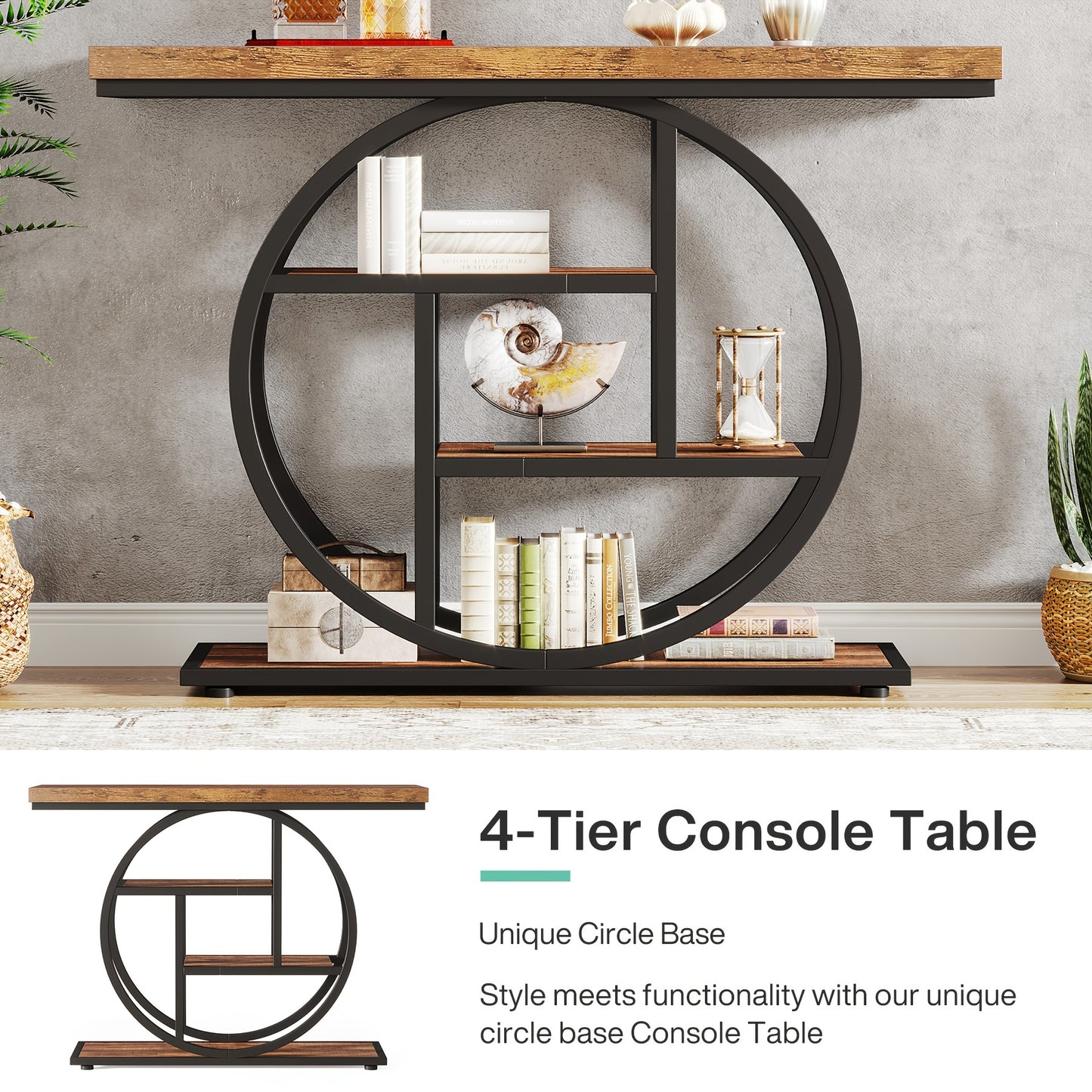 Nutshell 4-Tier Sofa Table Entryway Table with unique circular metal base and wooden shelves for modern decor