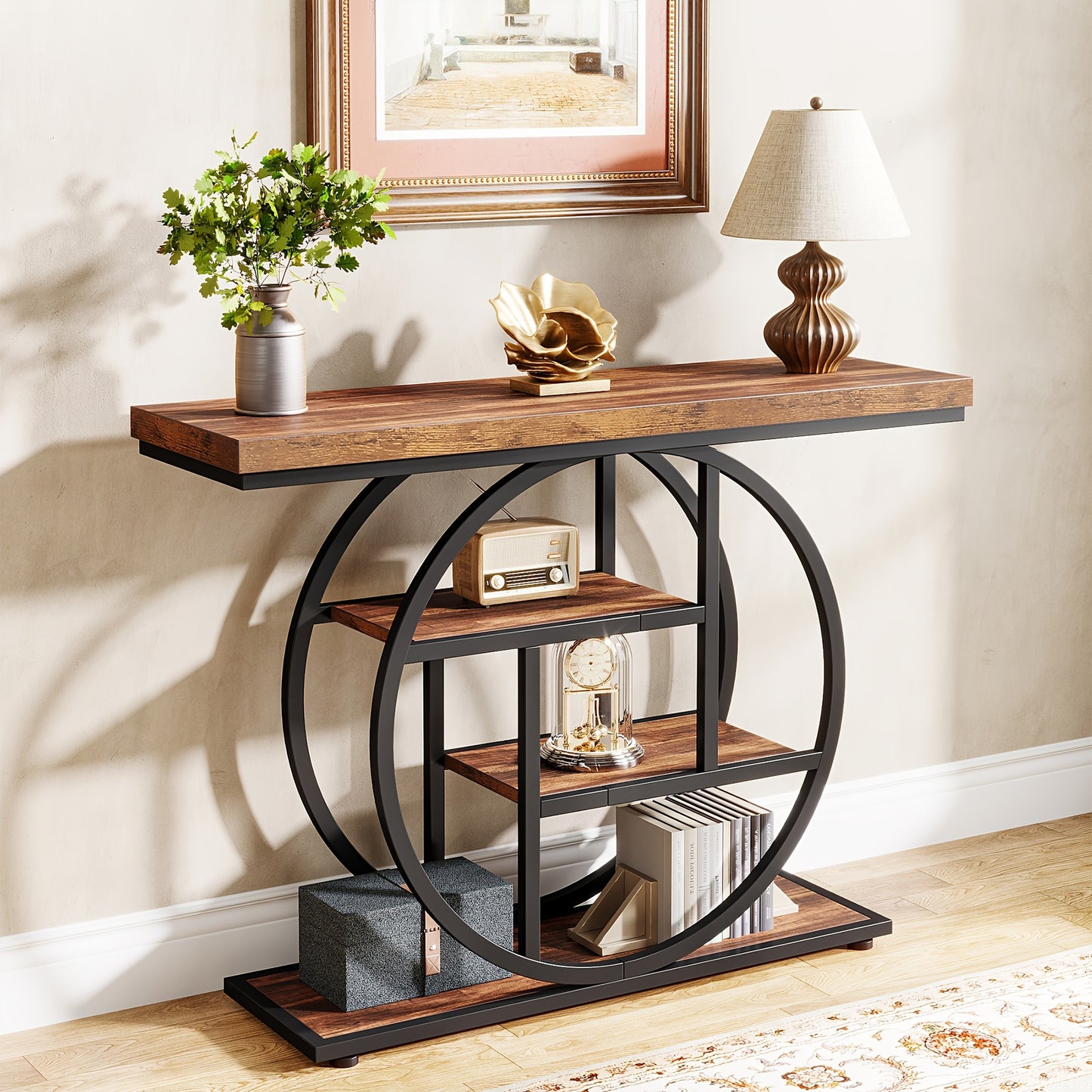 Nutshell 4-Tier Sofa Table Entryway Table with circular metal frame and wooden shelves decorated with lamp and vase