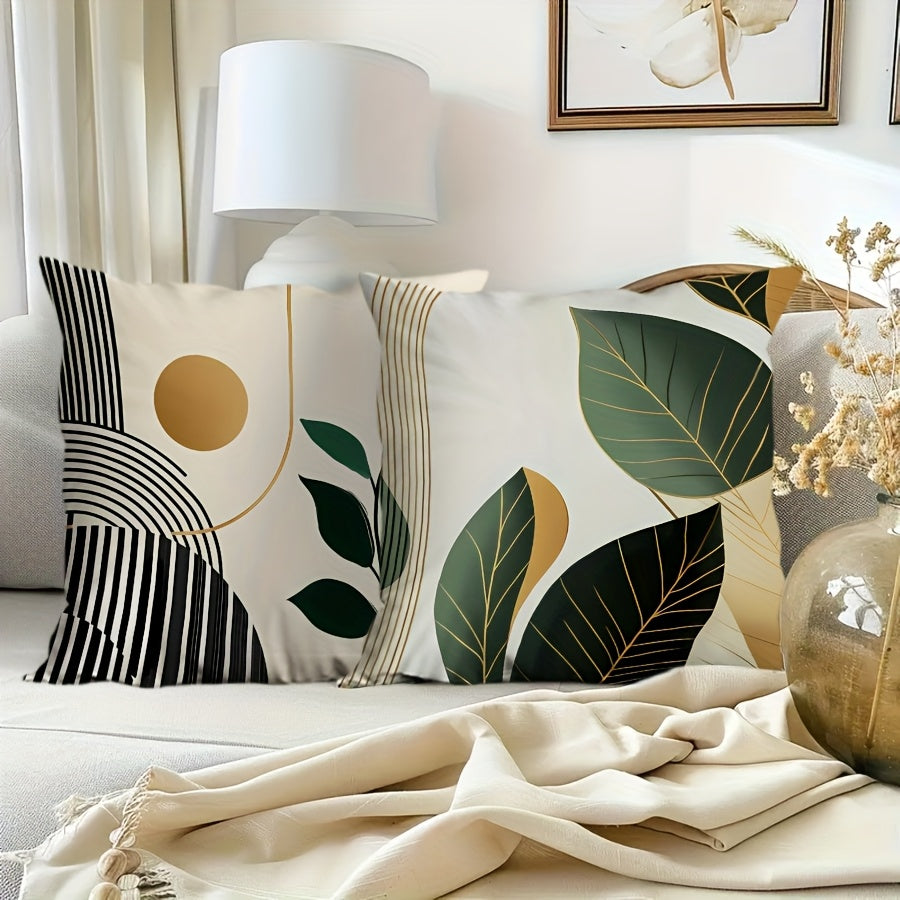 4pcs Boho chic Striped leaf pillow case featuring modern botanical designs and soft colors for home decor
