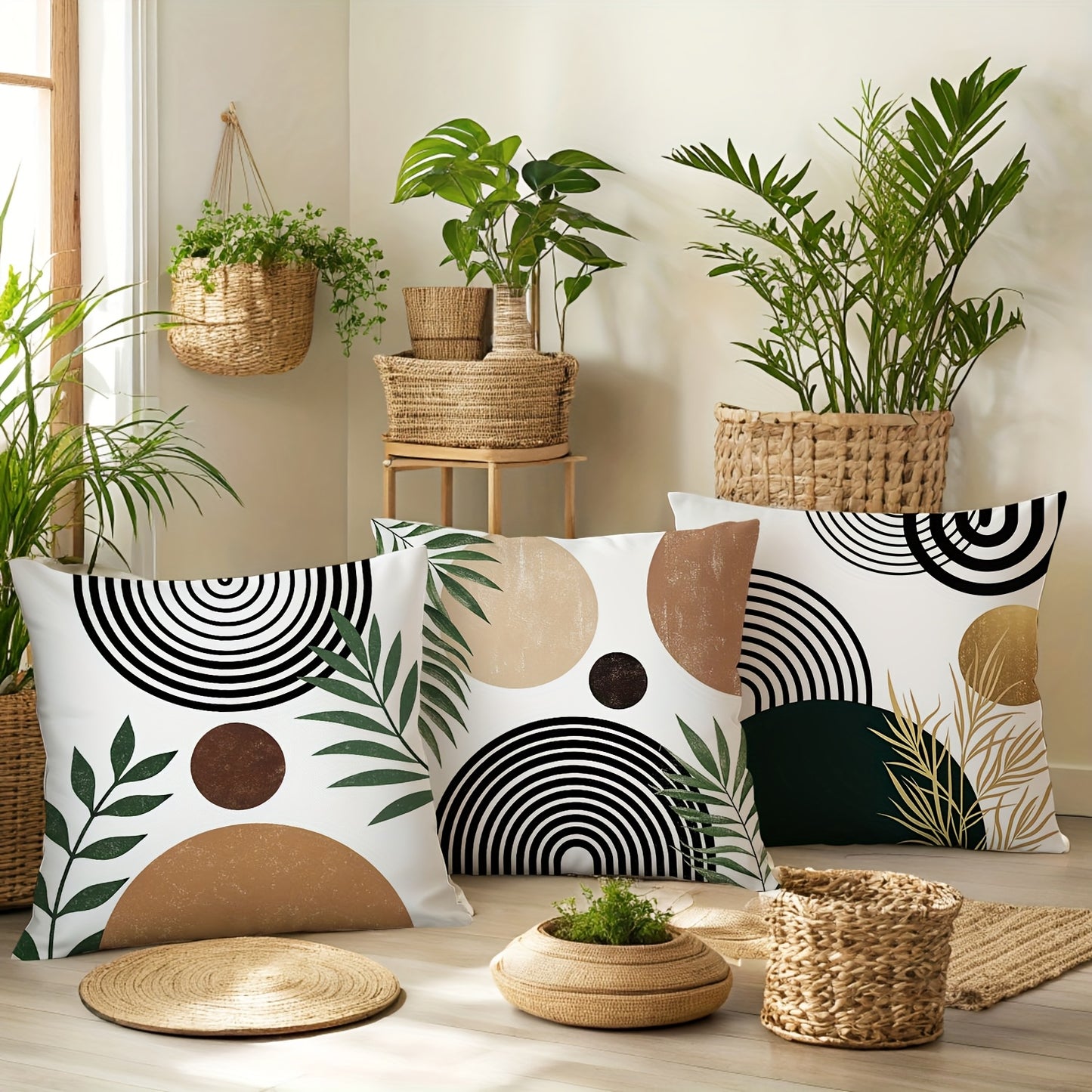 4pcs Boho Decorative Throw Pillow Covers featuring geometric patterns and tropical leaves in a stylish living room