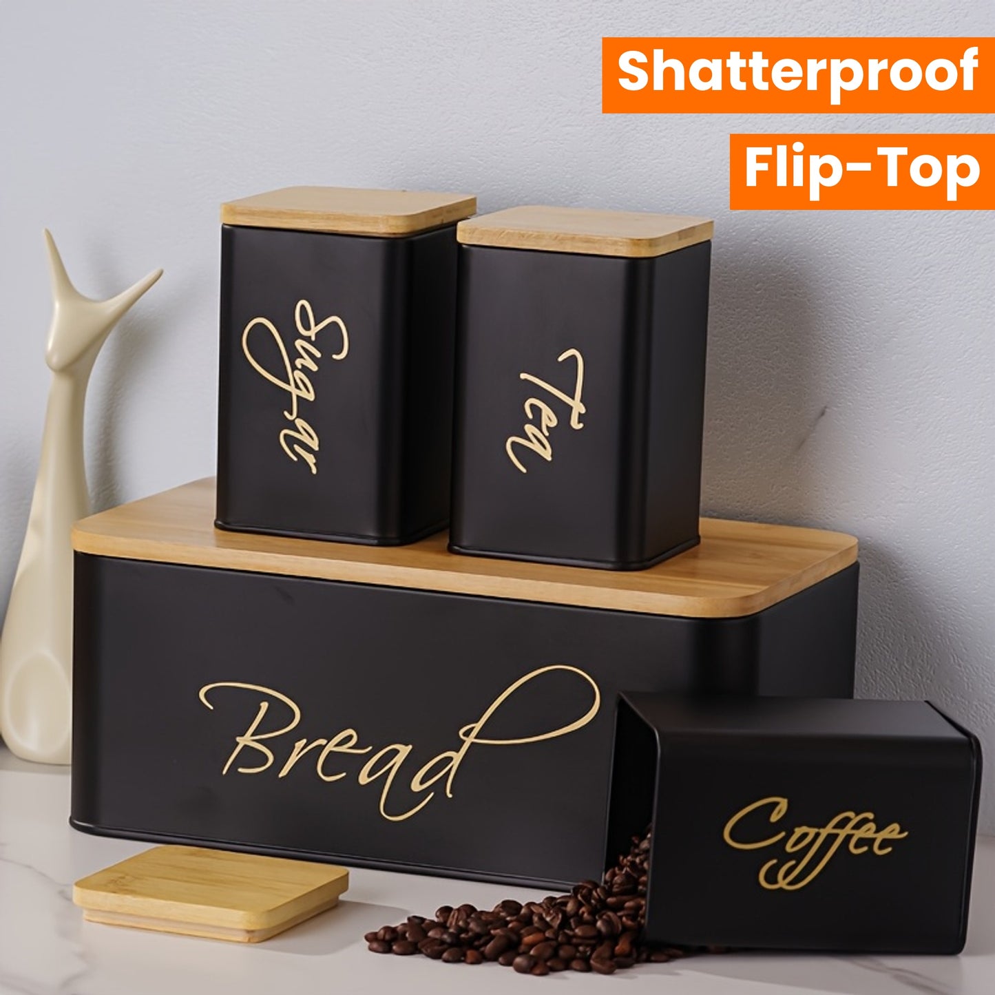 4pcs Shatterproof Metal Storage canisters in black with wooden lids for kitchen organization