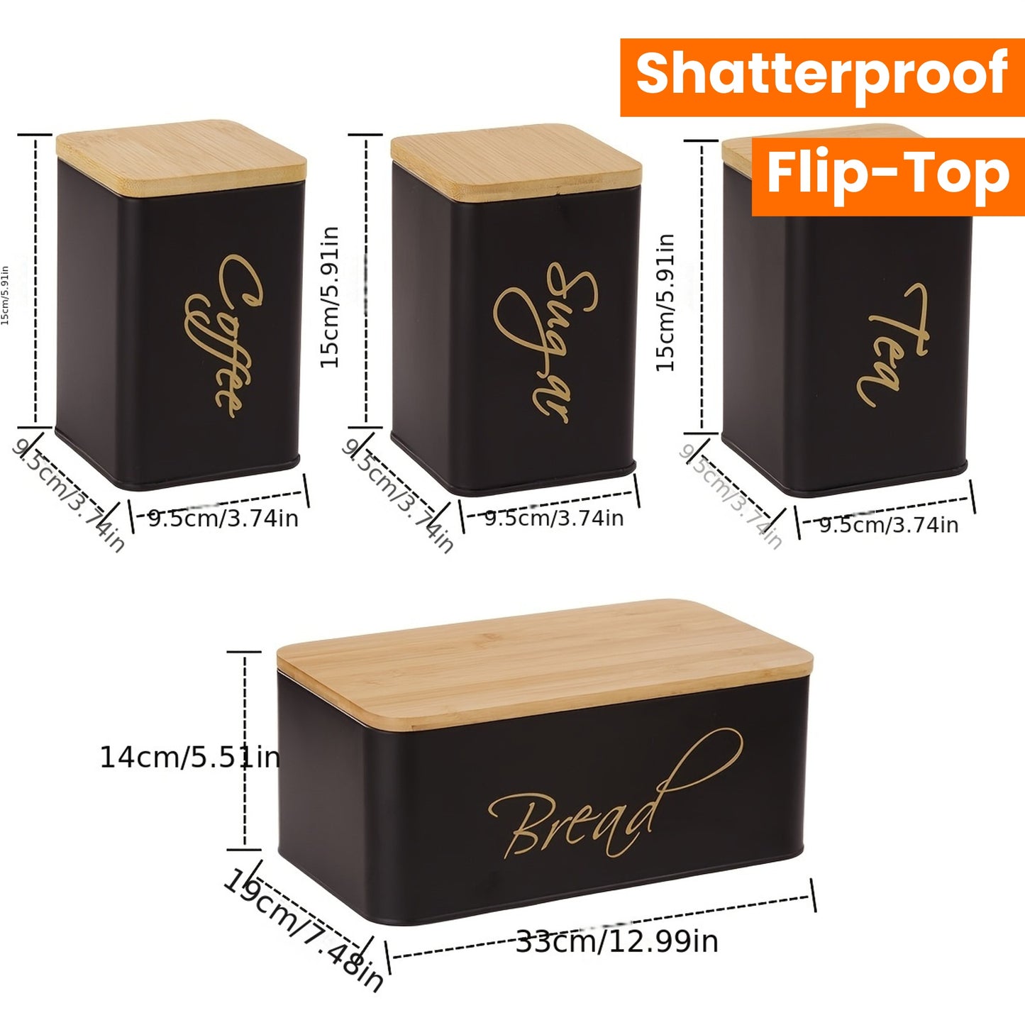 4pcs Shatterproof Metal Storage canisters with bamboo lids for organizing coffee, sugar, tea, and bread