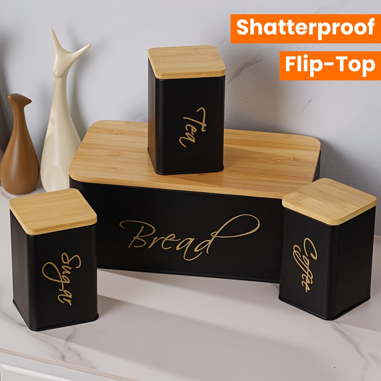 Nutshell 4pcs Shatterproof Metal Storage canisters with bamboo lids for organizing kitchen essentials
