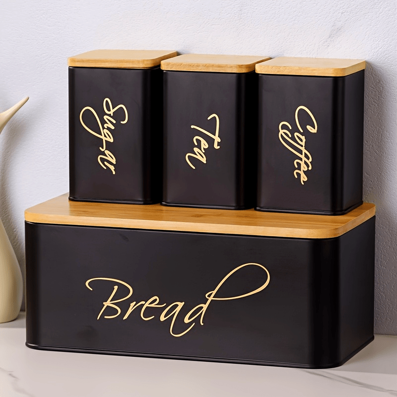 Nutshell 4pcs Shatterproof Metal Storage canisters in black with bamboo lids for kitchen organization