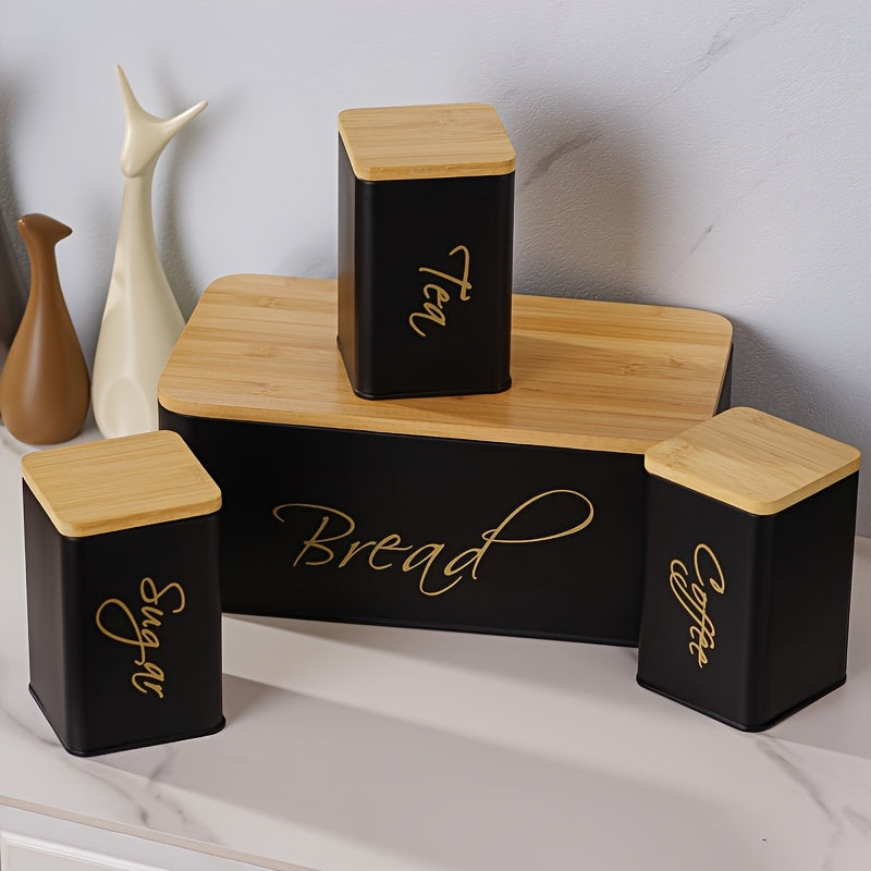 4pcs Shatterproof Metal Storage canisters in black with bamboo lids, labeled Tea, Sugar, Coffee, and Bread