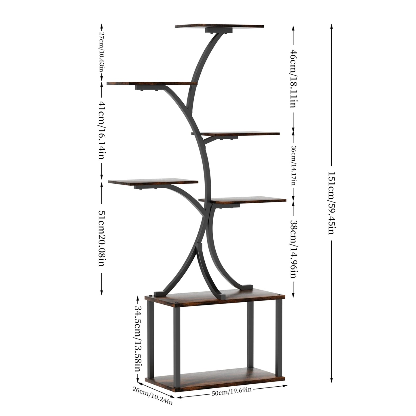 Nutshell 7 tier metal plant display shelf with wooden shelves and black curved frame, measuring 59.45 inches tall