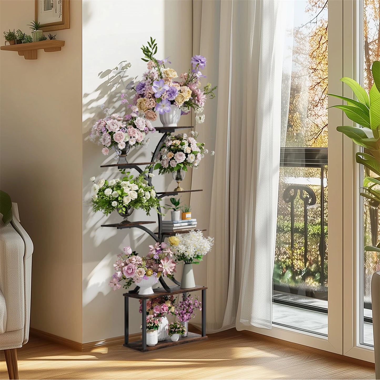 Nutshell 7 tier metal plant display shelf with multiple potted flowers in a bright living room corner
