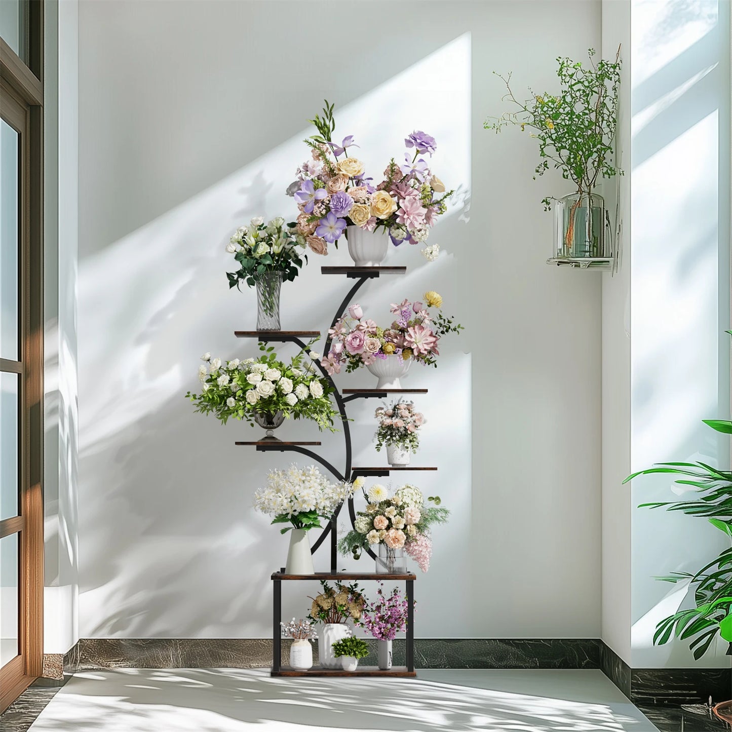 7 tier metal plant display shelf holding various floral arrangements in a bright modern room