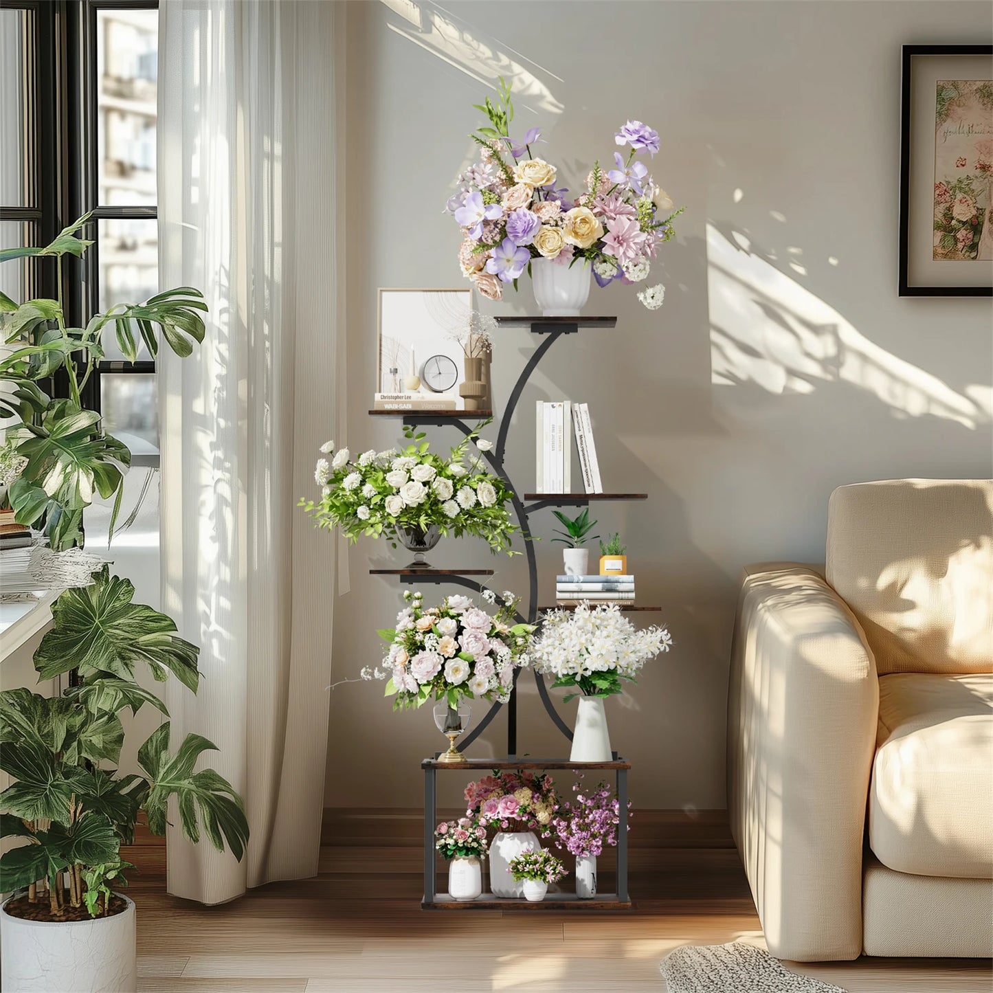 Nutshell 7 tier metal plant display shelf with various flower pots and books in a bright living room