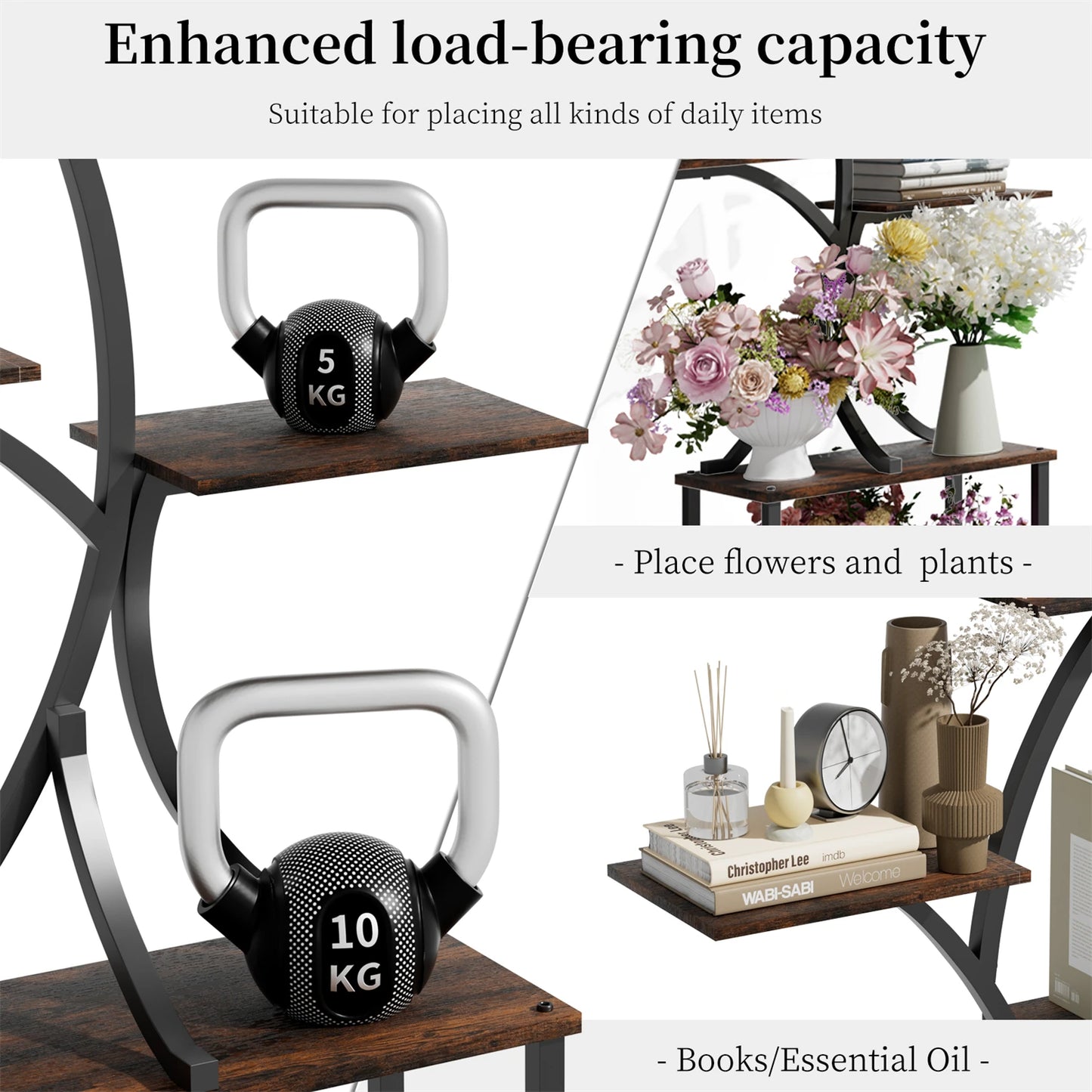 Nutshell 7 tier metal plant display shelf showing enhanced load-bearing capacity with flowers, plants, books, and kettlebells