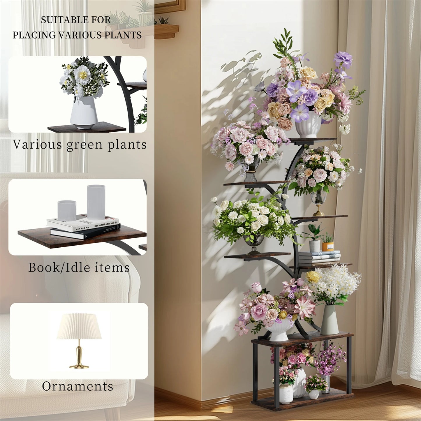 Nutshell 7 tier metal plant display shelf holding various flowers, books, and ornaments in a living room