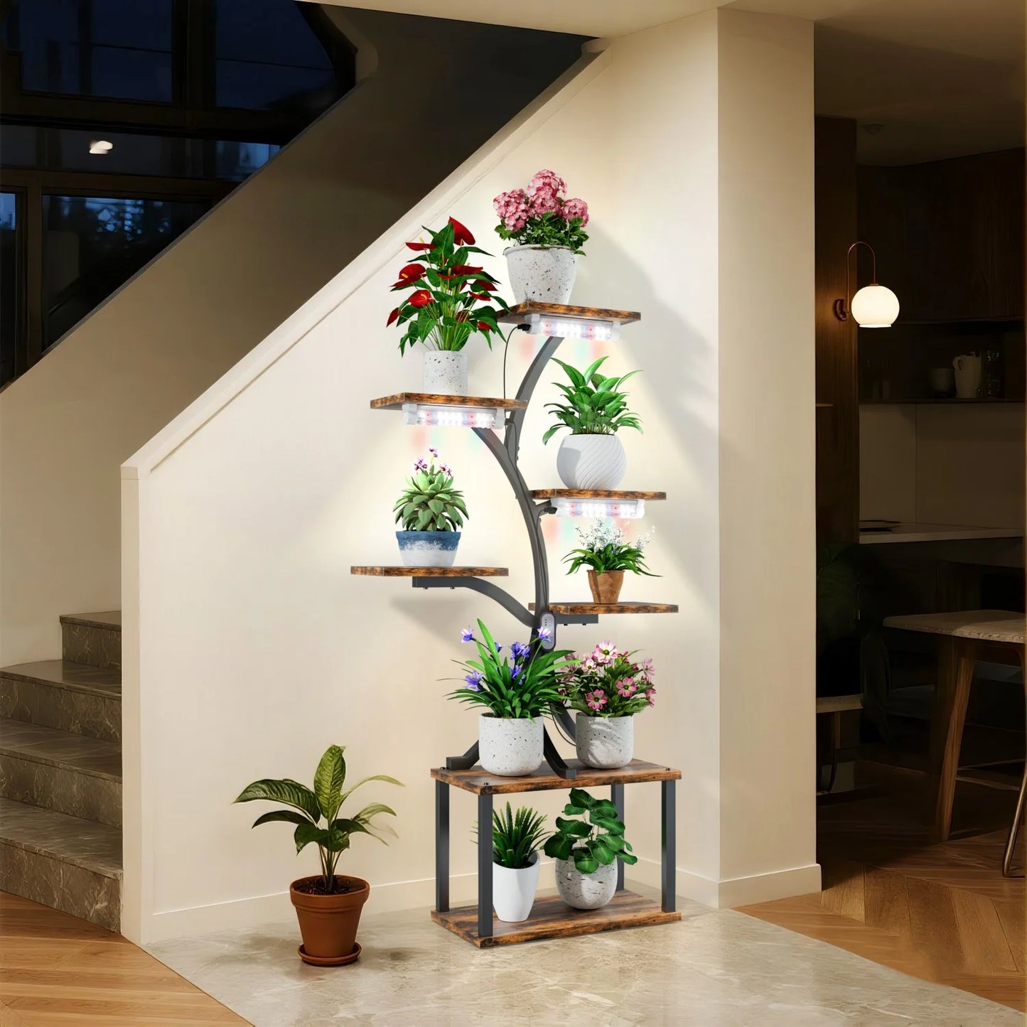 Nutshell 7 tier metal plant display shelf with wooden shelves holding various green and flowering potted plants in modern home interior