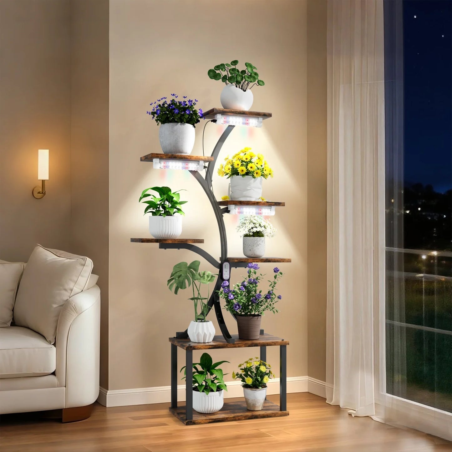 Nutshell 7 tier metal plant display shelf with wooden shelves holding various potted plants in a living room