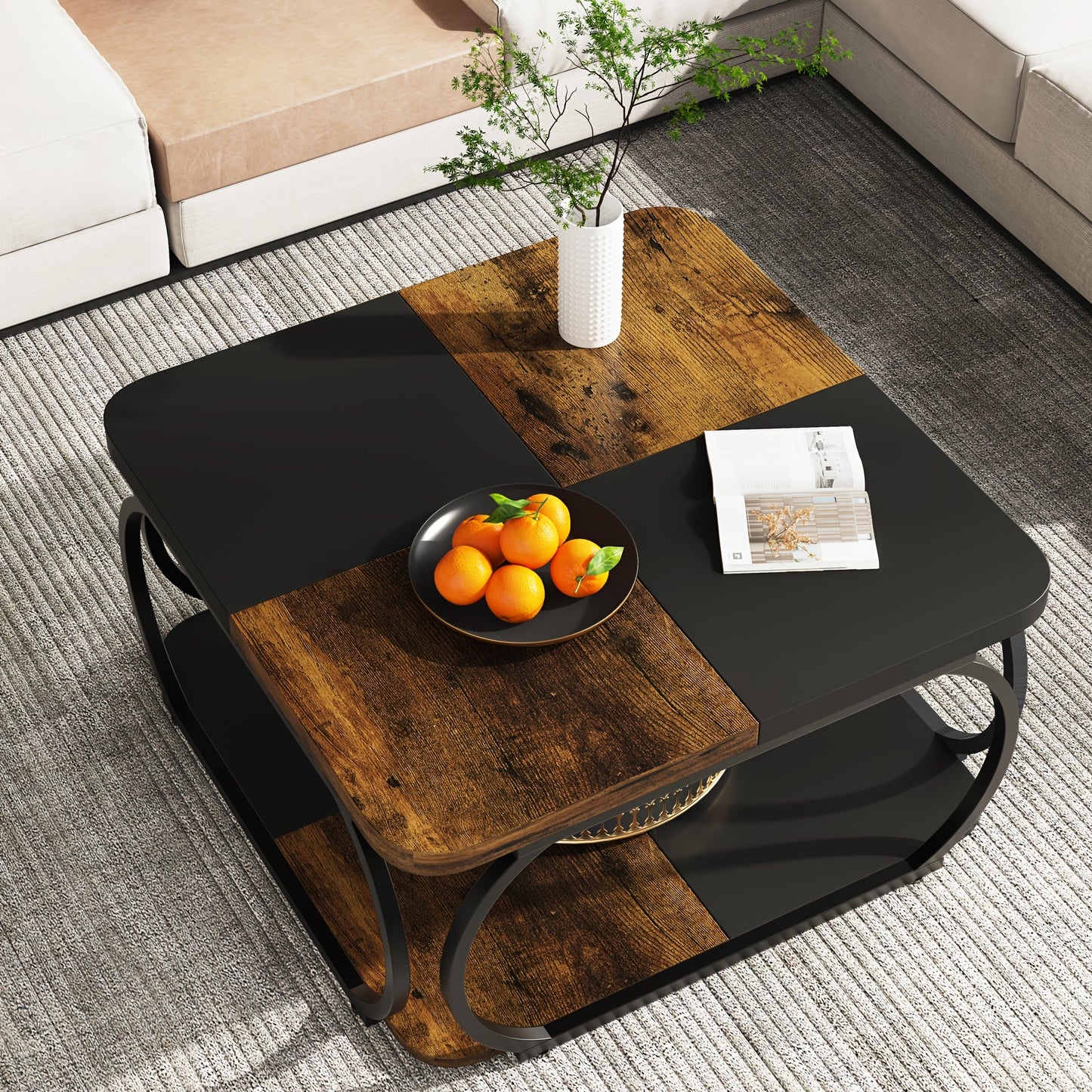 Nutshell 2 tier square coffee table with wooden and black panels in modern living room