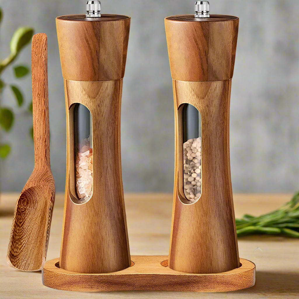 Nutshell Wooden Salt and Pepper Grinder Set with Stand