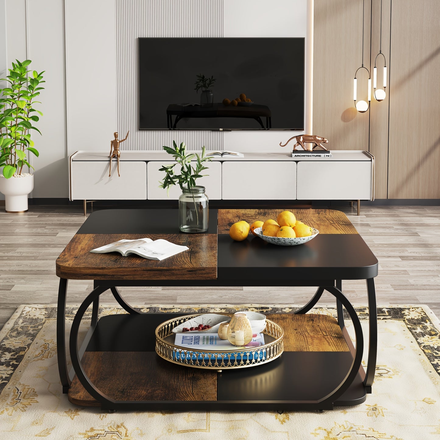 Nutshell 2 tier square coffee table with black metal frame and wood finish in modern living room
