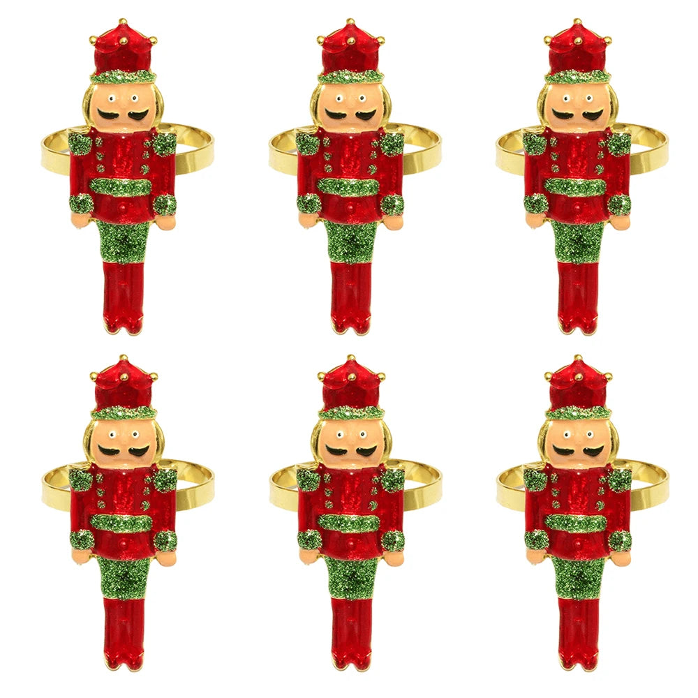 6Pcs Christmas Napkin Rings Set - Tree Snowflake Deer Nutcracker
