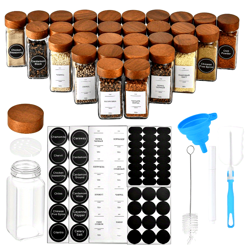 Acacia wood spice jars set with clear containers and wooden lids for organized kitchen storage