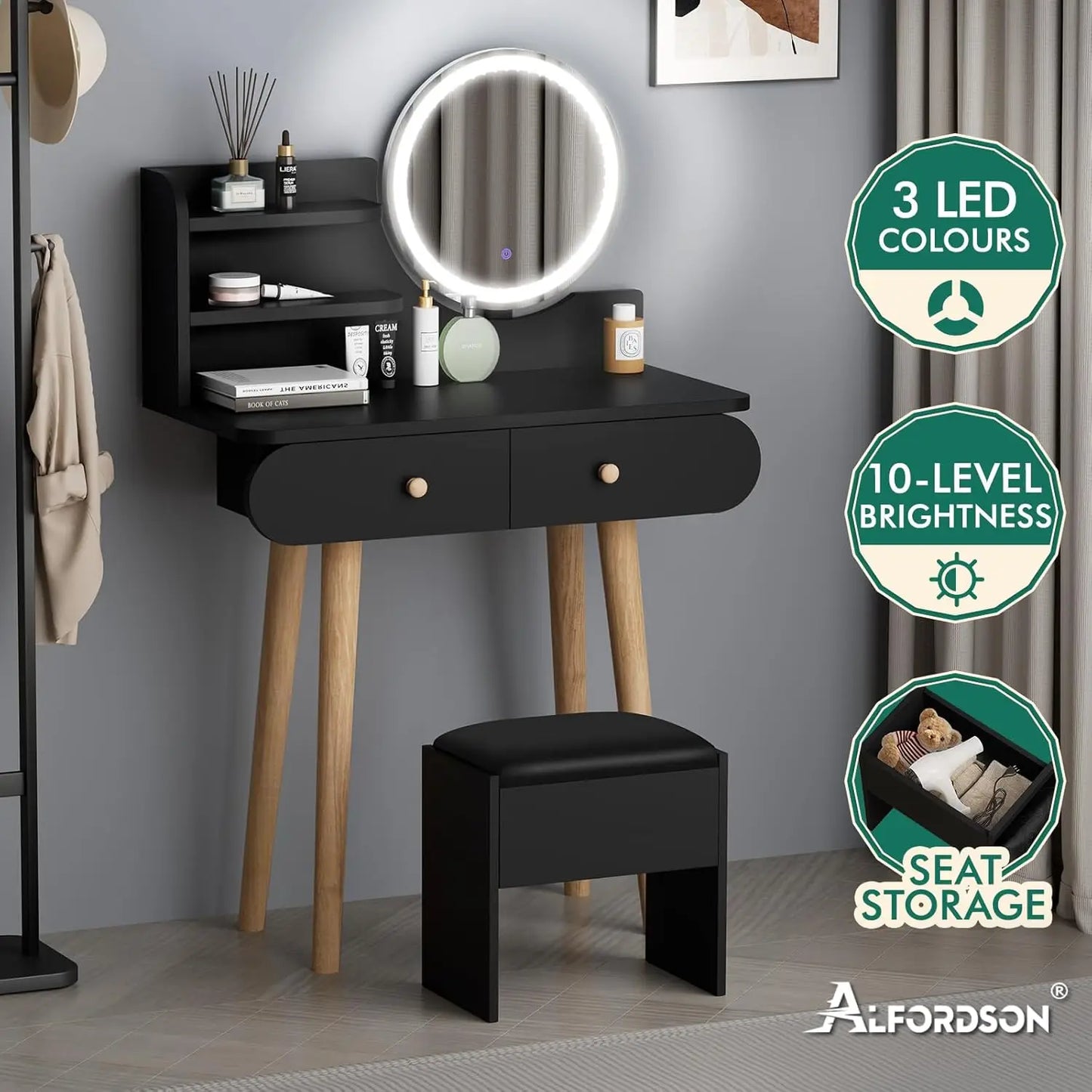 Nutshell black dressing table and stool set with LED round mirror 10 brightness levels and storage