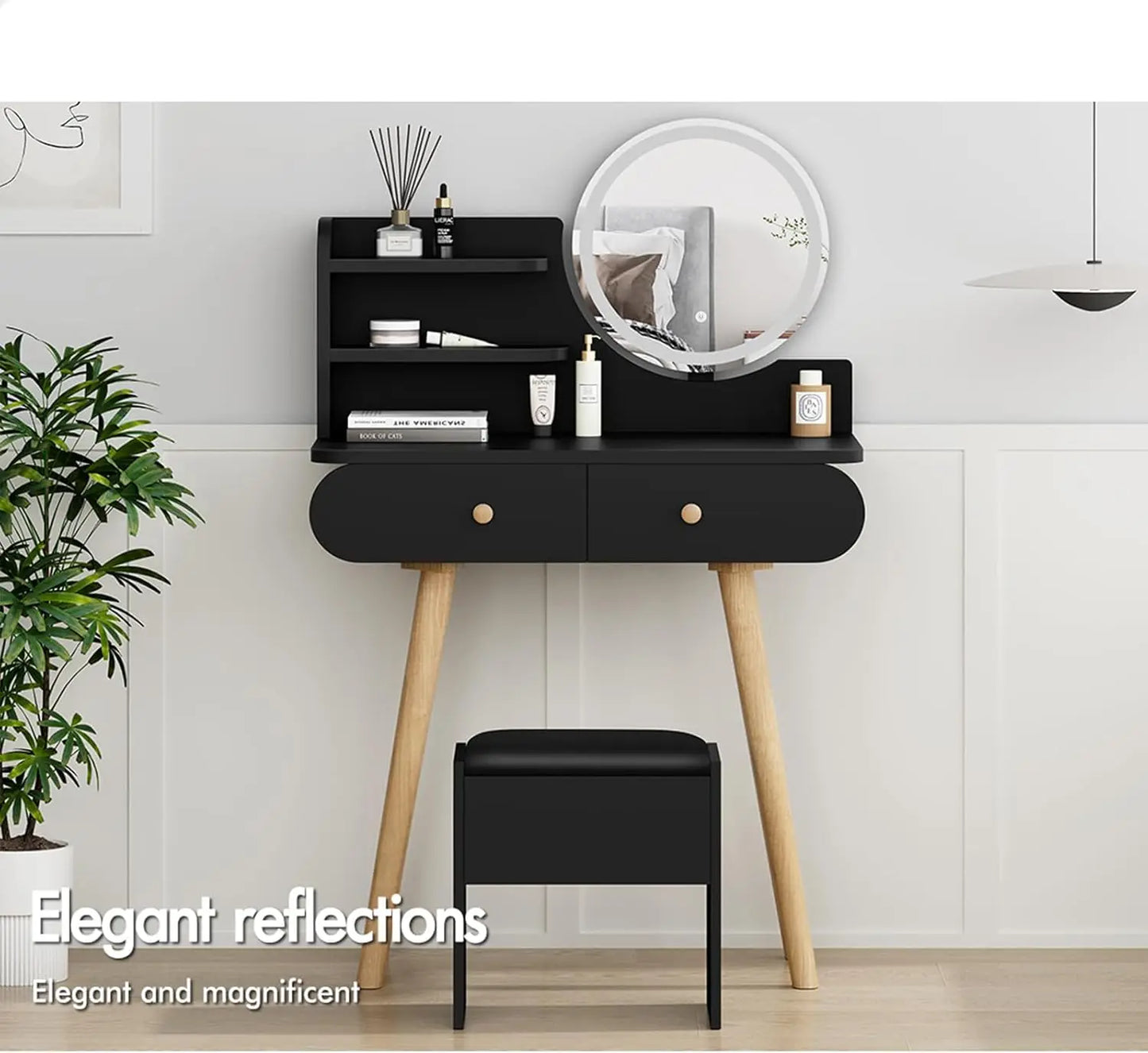 Nutshell black dressing table and stool set with round mirror wooden tapered legs and storage shelves