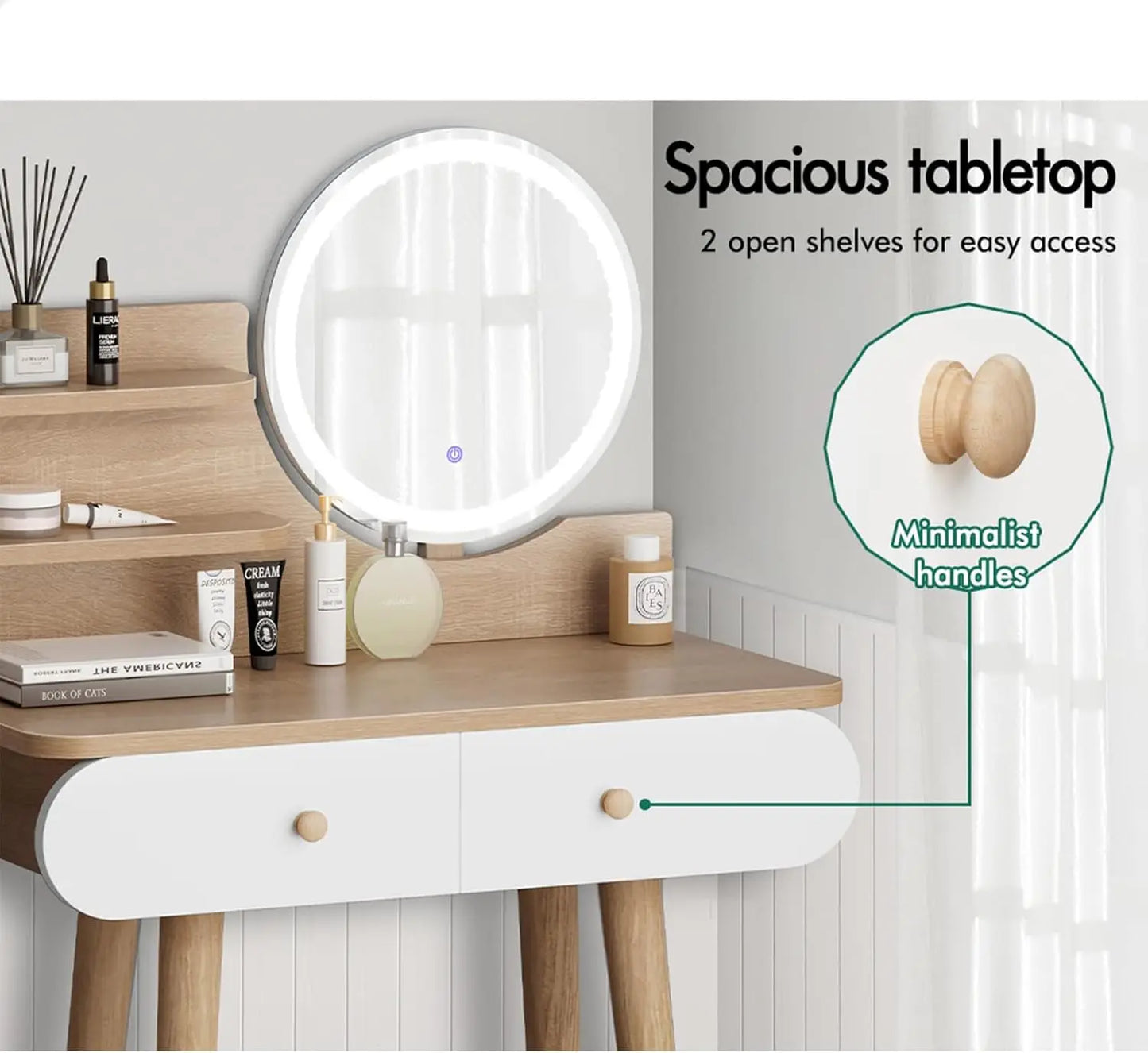 Nutshell dressing table and stool set with round LED mirror wood tabletop white drawers minimalist knobs and open shelves